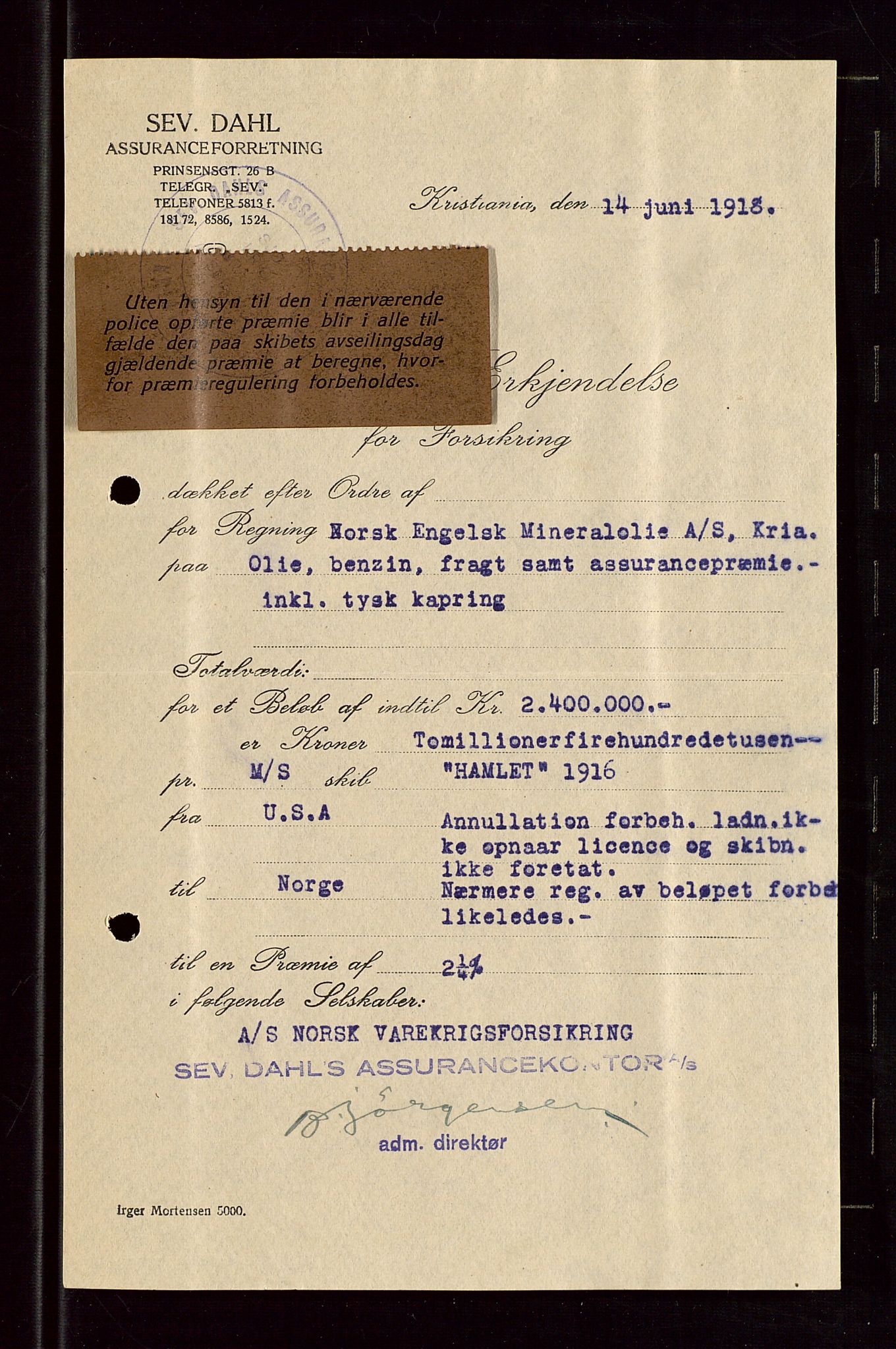 Pa 1521 - A/S Norske Shell, AV/SAST-A-101915/E/Ea/Eaa/L0005: Sjefskorrespondanse, 1918, p. 84