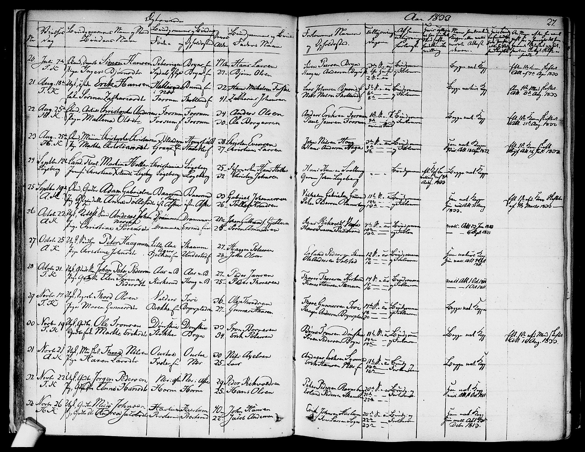 Asker prestekontor Kirkebøker, SAO/A-10256a/F/Fa/L0010: Parish register (official) no. I 10, 1825-1878, p. 27