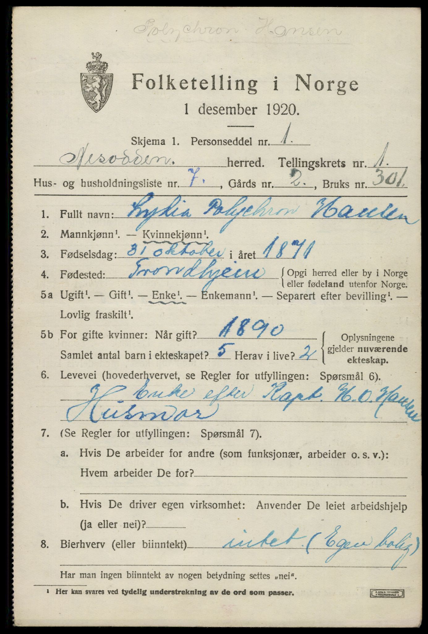 SAO, 1920 census for Nesodden, 1920, p. 1809