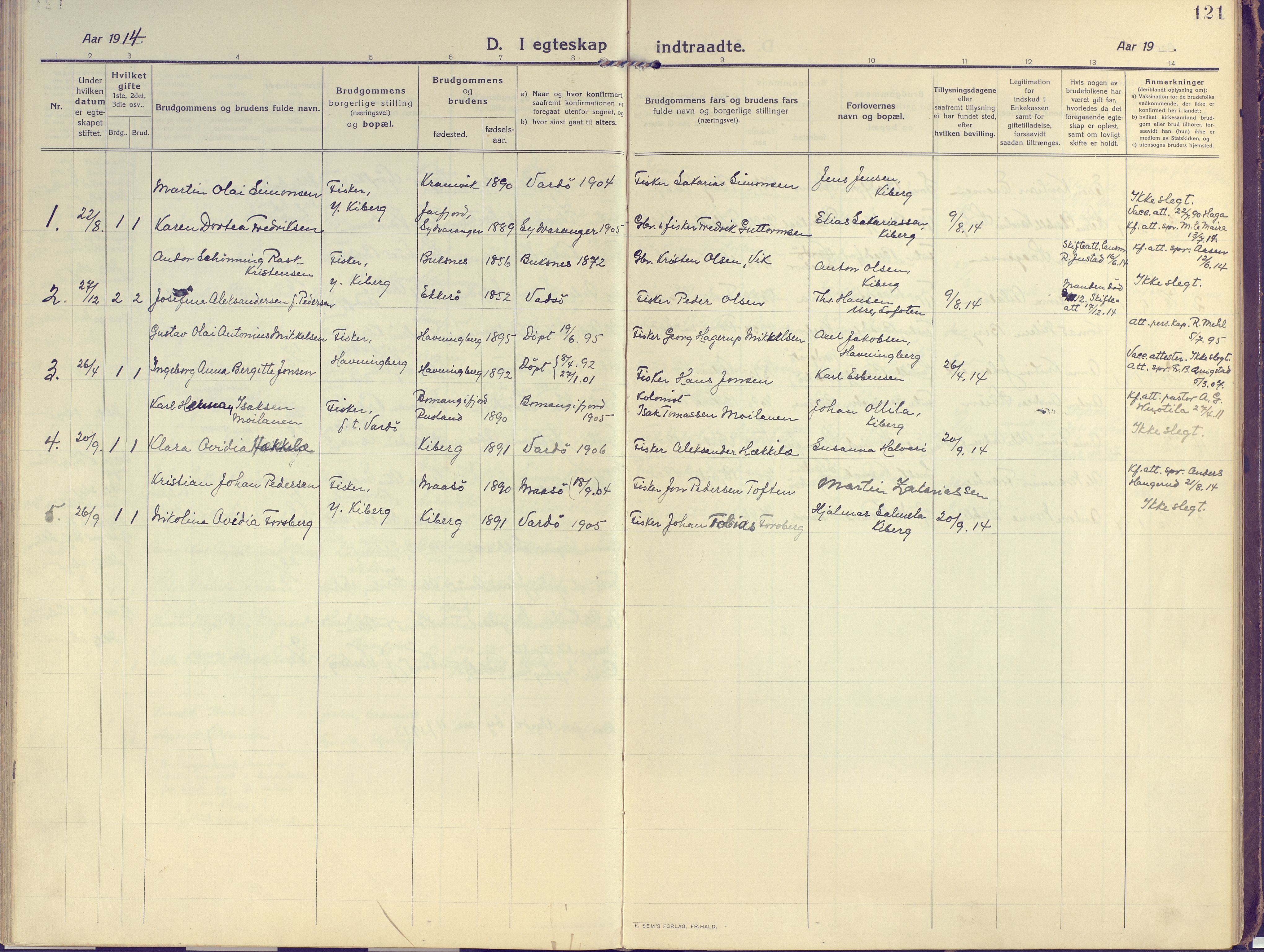 Vardø sokneprestkontor, AV/SATØ-S-1332/H/Ha/L0013kirke: Parish register (official) no. 13, 1912-1928, p. 121