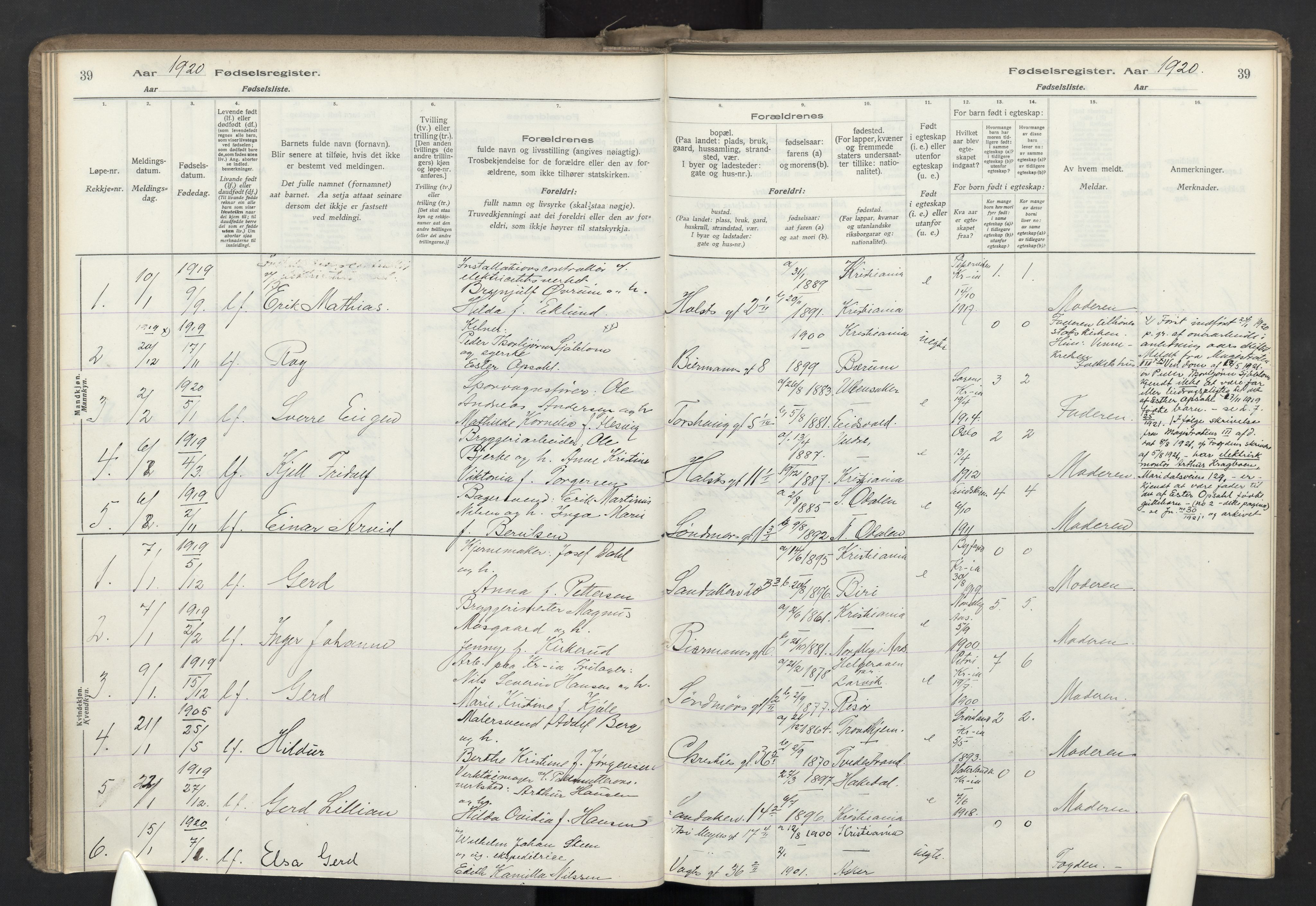 Lilleborg prestekontor Kirkebøker, AV/SAO-A-10343a/J/L0001: Birth register no. 1, 1917-1944, p. 39