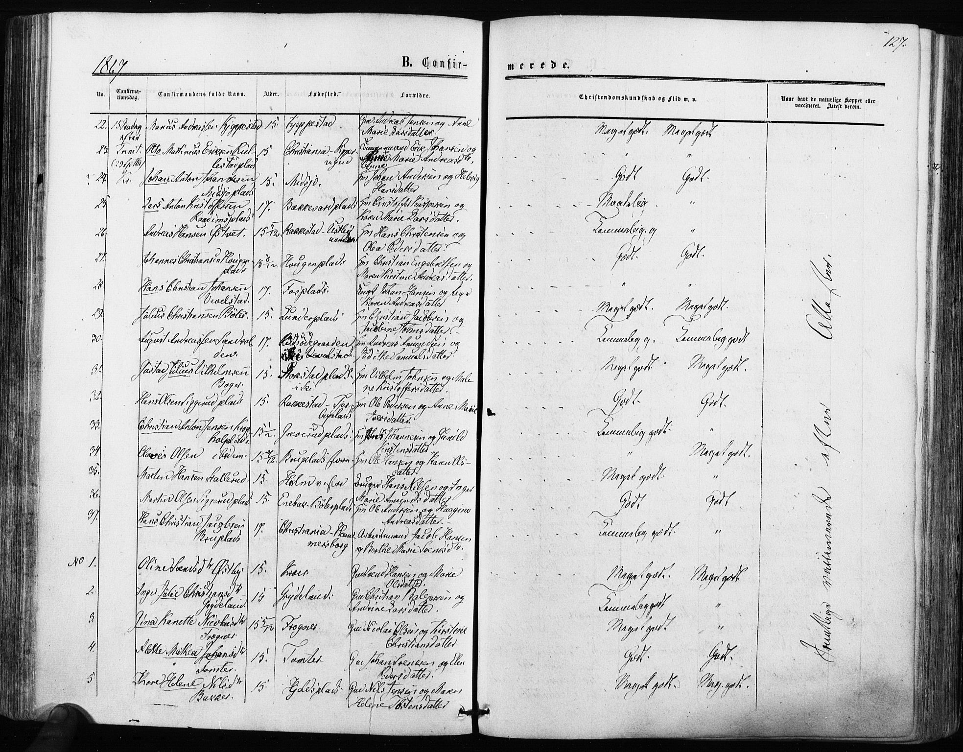 Kråkstad prestekontor Kirkebøker, AV/SAO-A-10125a/F/Fa/L0007: Parish register (official) no. I 7, 1858-1870, p. 127