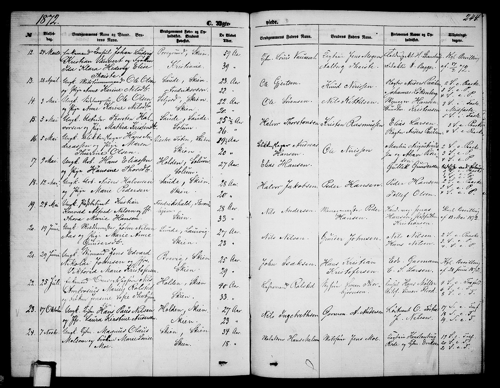 Skien kirkebøker, SAKO/A-302/G/Ga/L0005: Parish register (copy) no. 5, 1868-1880, p. 244