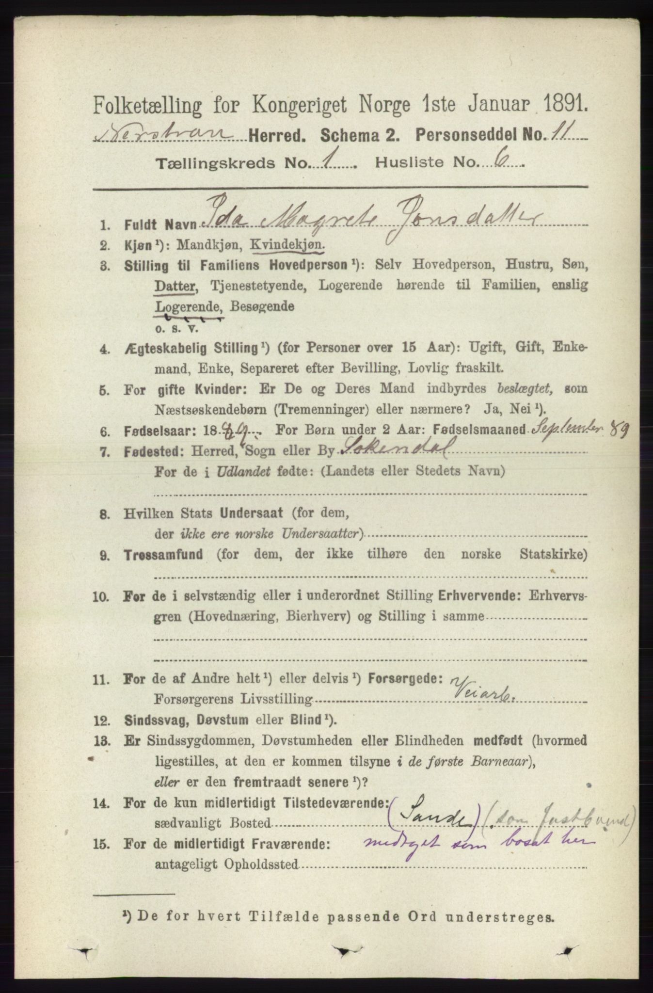 RA, 1891 census for 1139 Nedstrand, 1891, p. 106