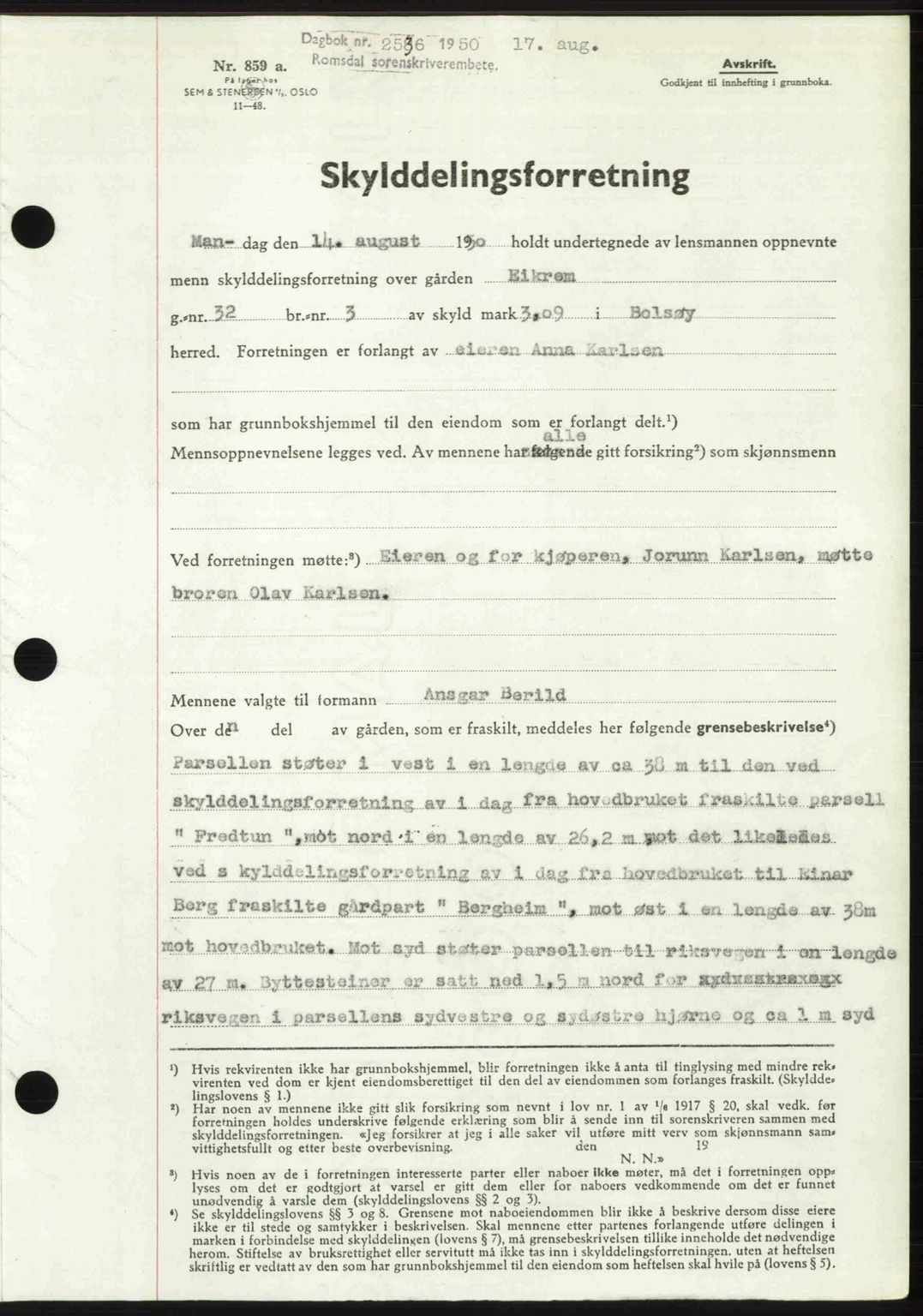 Romsdal sorenskriveri, AV/SAT-A-4149/1/2/2C: Mortgage book no. A34, 1950-1950, Diary no: : 2536/1950