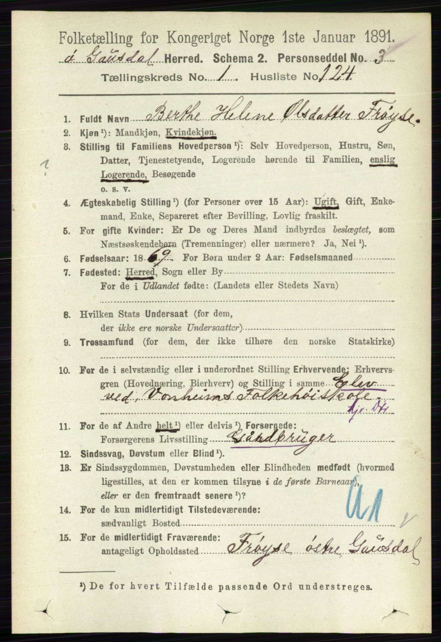 RA, 1891 census for 0522 Østre Gausdal, 1891, p. 1025