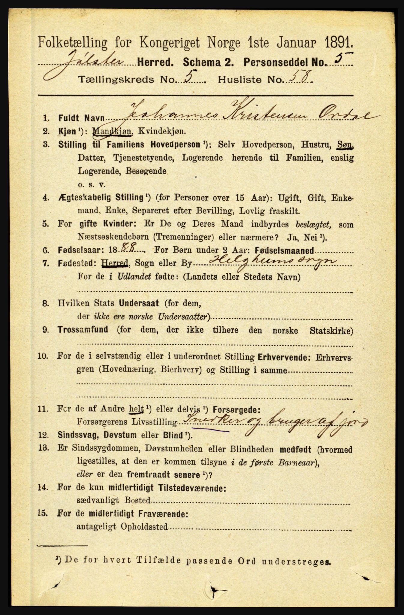 RA, 1891 census for 1431 Jølster, 1891, p. 2139