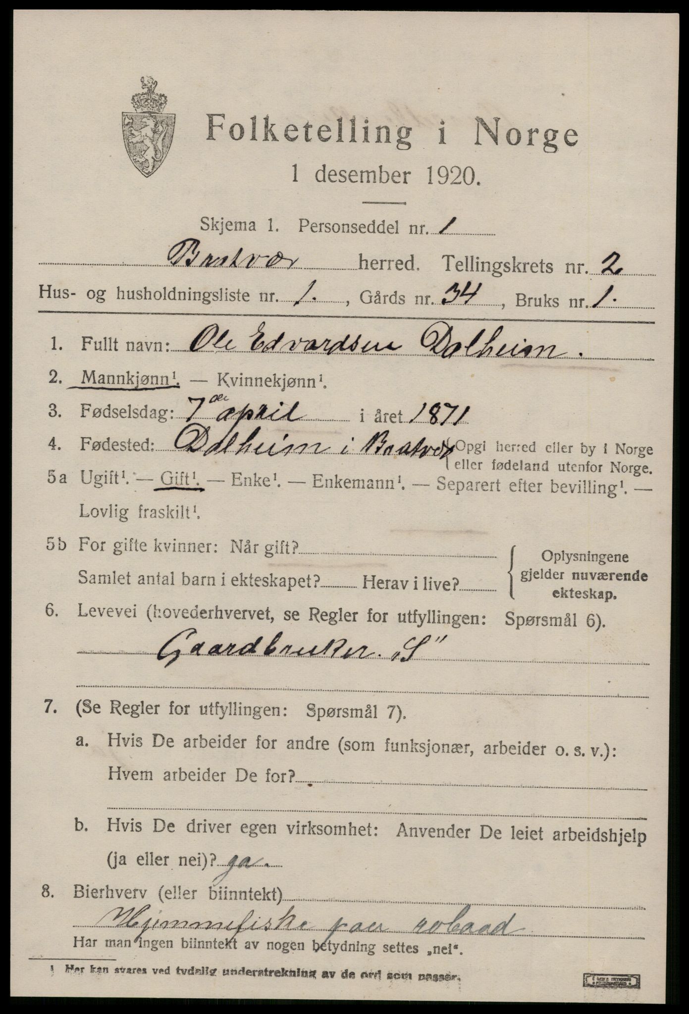 SAT, 1920 census for Brattvær, 1920, p. 784