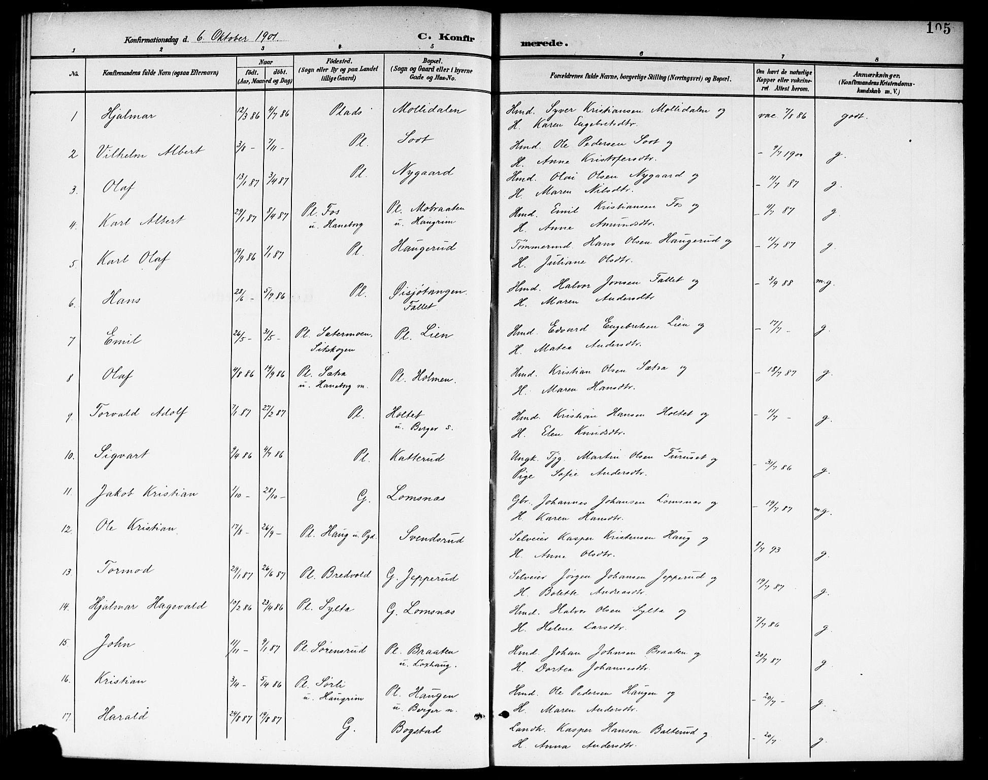 Aurskog prestekontor Kirkebøker, SAO/A-10304a/G/Ga/L0004: Parish register (copy) no. I 4, 1901-1921, p. 105