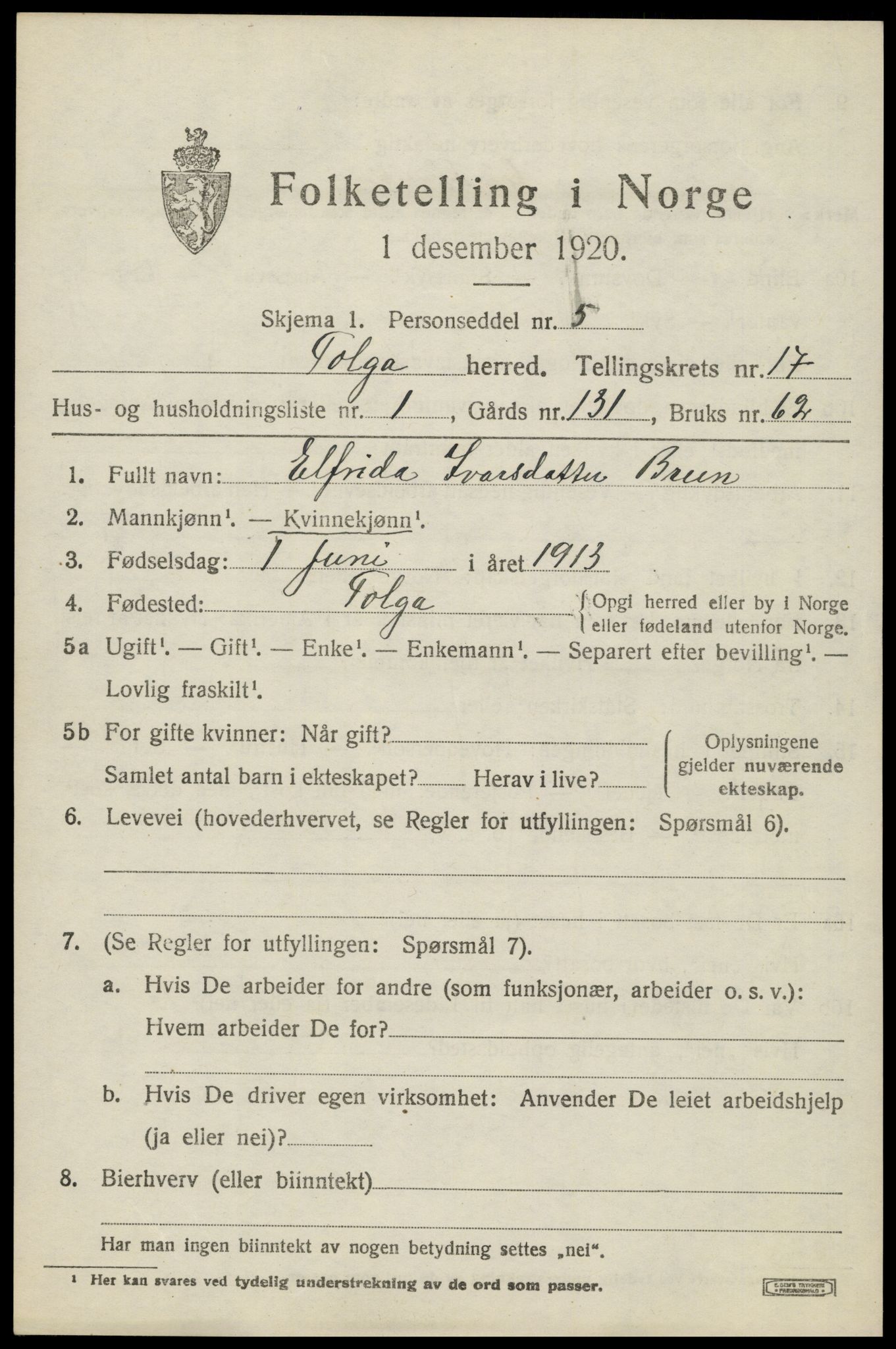 SAH, 1920 census for Tolga, 1920, p. 7819