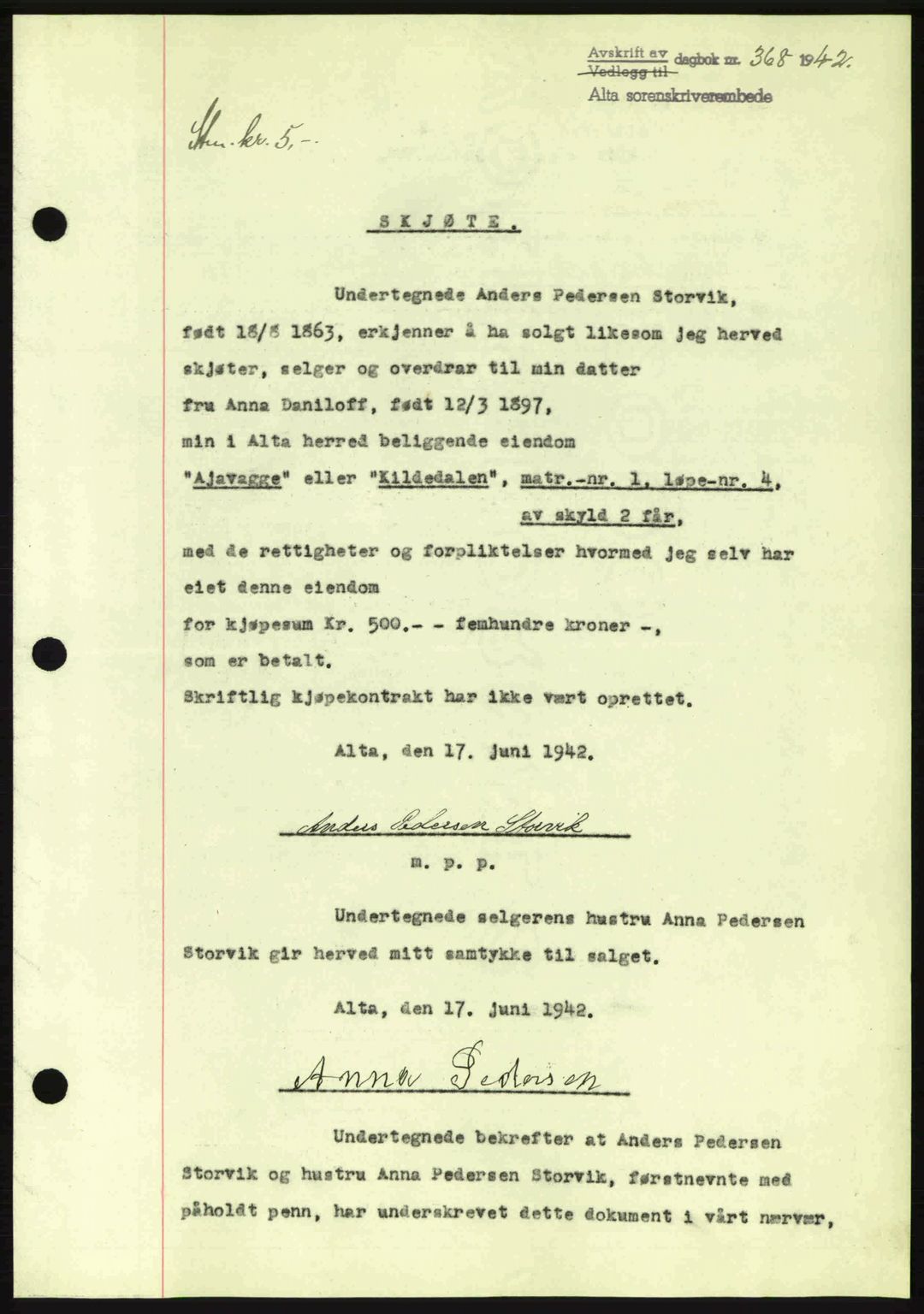 Alta fogderi/sorenskriveri, SATØ/SATØ-5/1/K/Kd/L0033pantebok: Mortgage book no. 33, 1940-1943, Diary no: : 368/1942