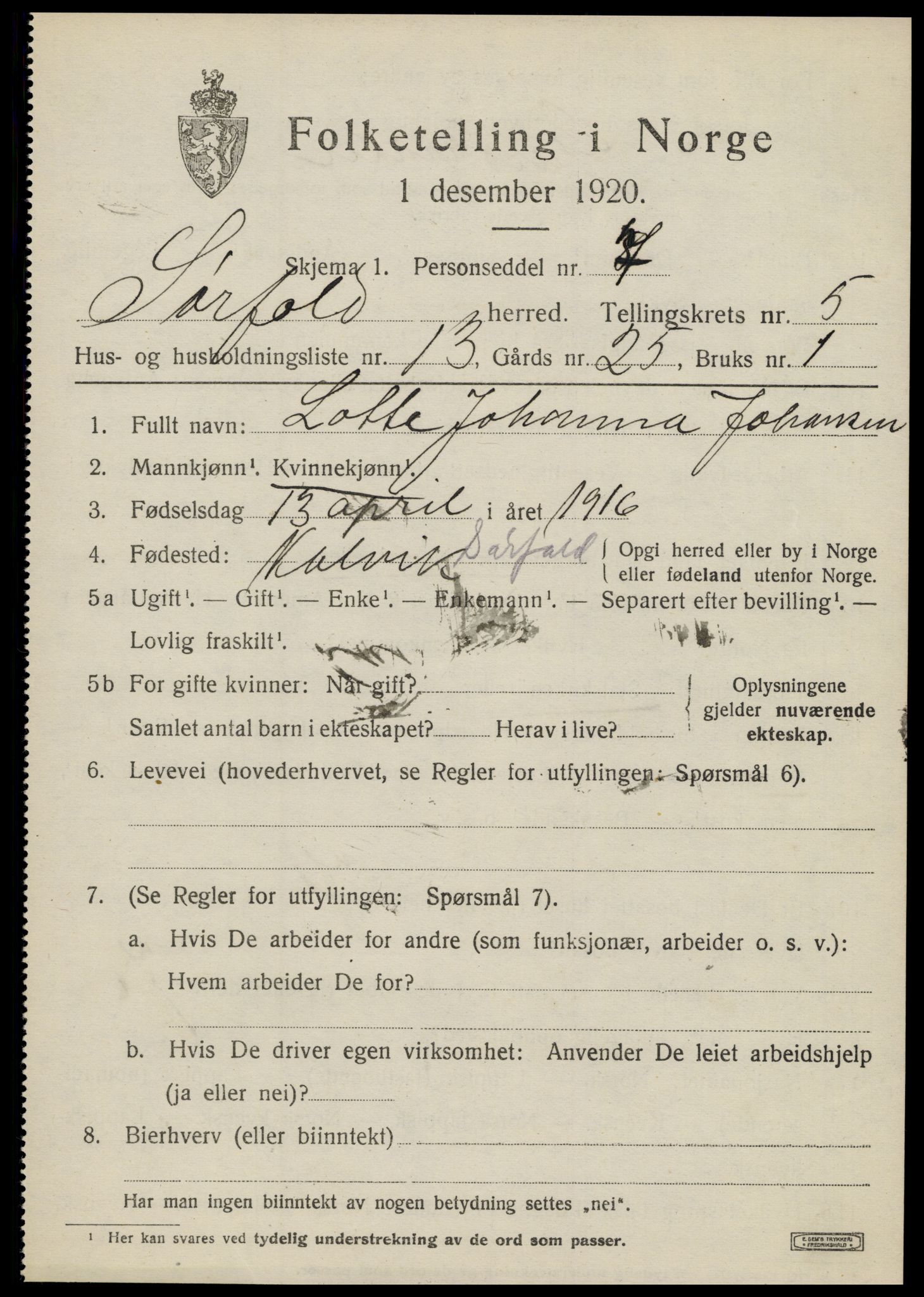 SAT, 1920 census for Sørfold, 1920, p. 3185