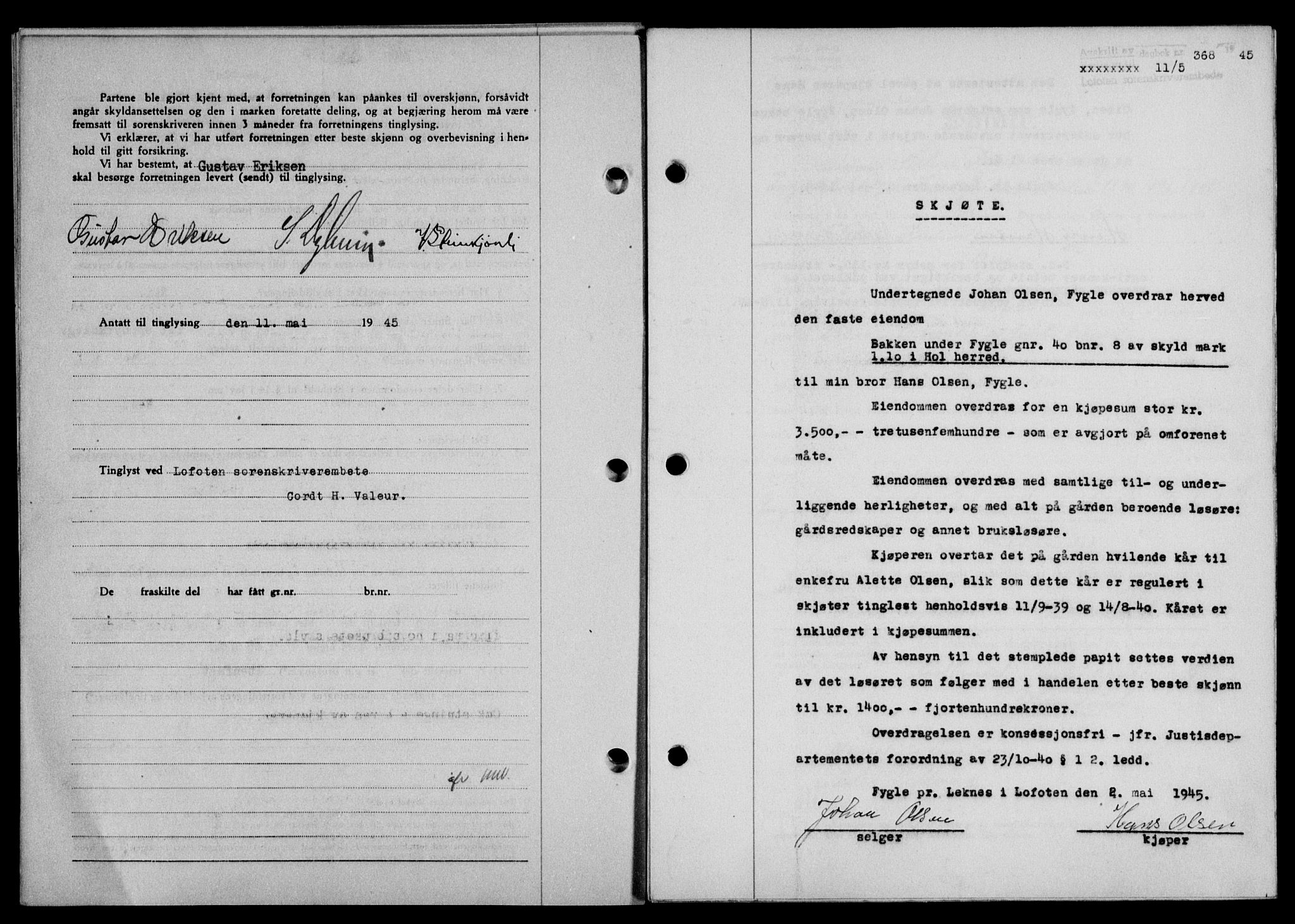 Lofoten sorenskriveri, SAT/A-0017/1/2/2C/L0013a: Mortgage book no. 13a, 1944-1946, Diary no: : 368/1945