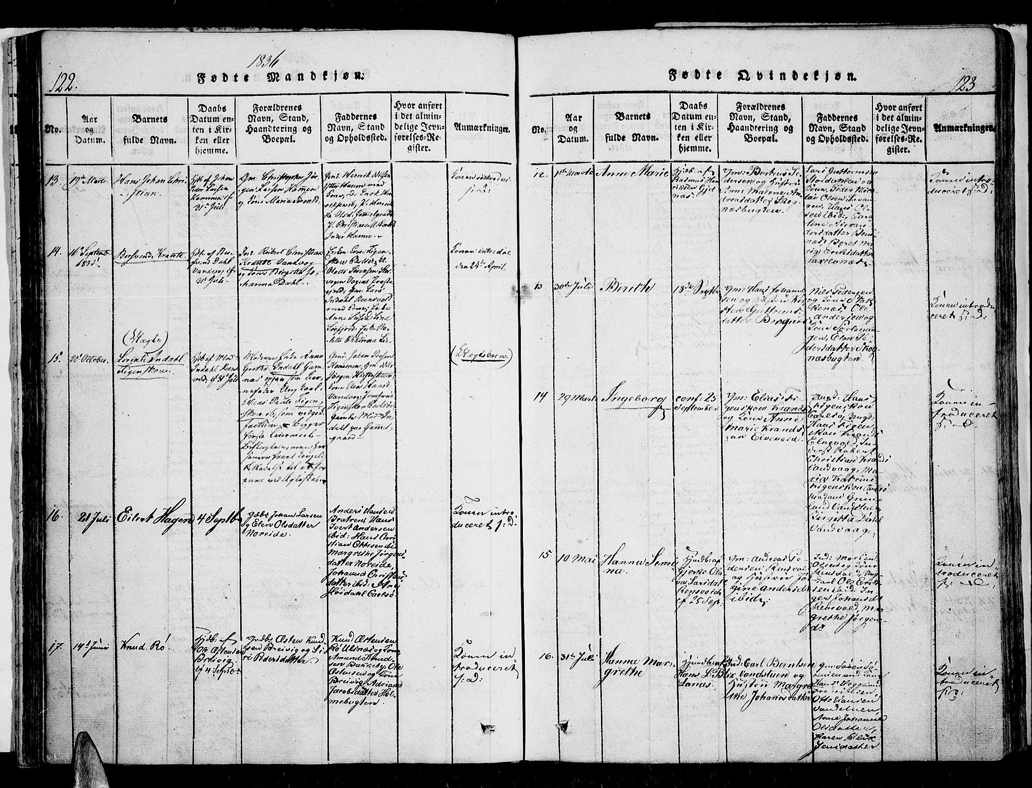 Karlsøy sokneprestembete, AV/SATØ-S-1299/H/Ha/Haa/L0002kirke: Parish register (official) no. 2, 1823-1842, p. 122-123