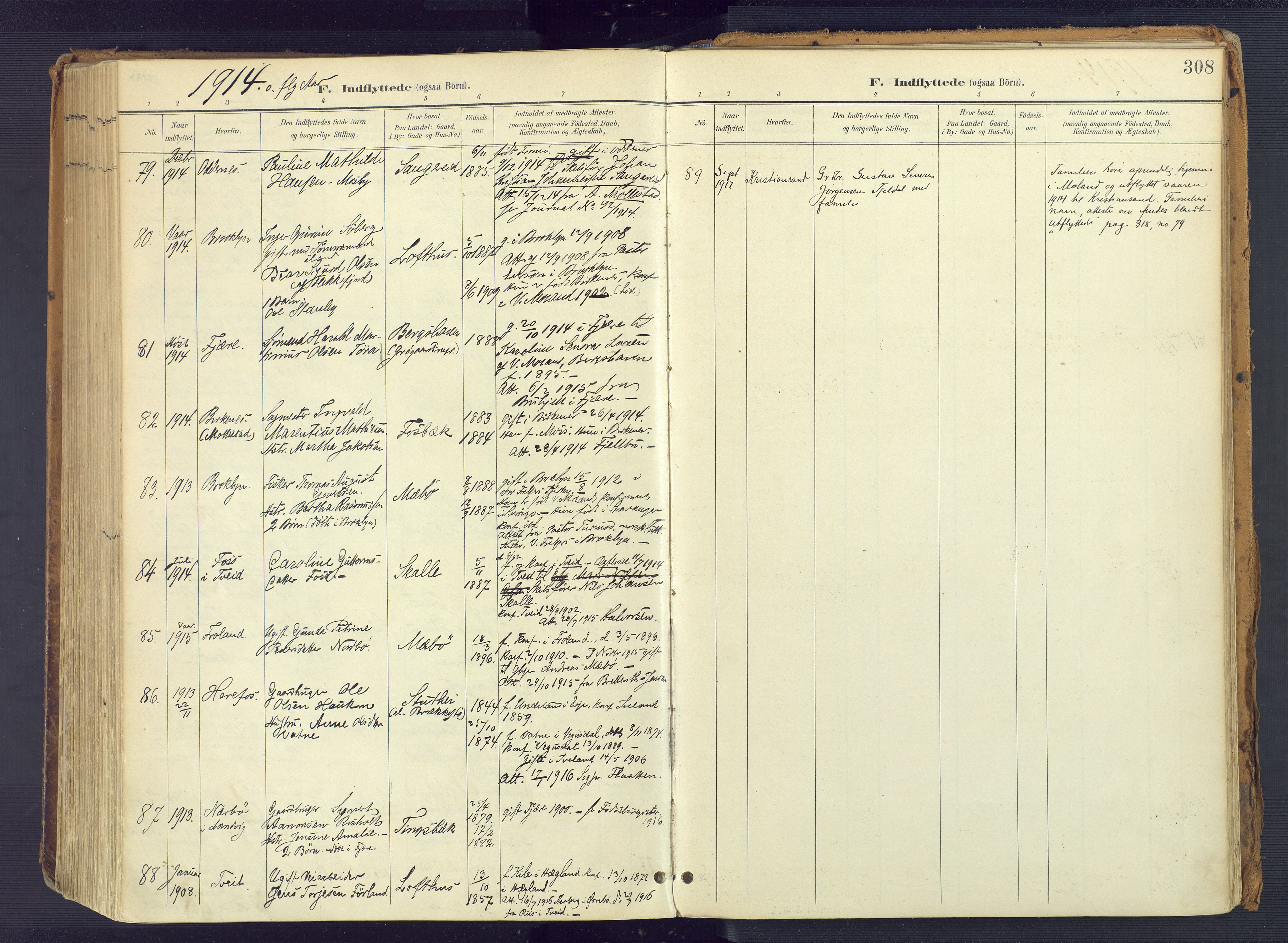 Vestre Moland sokneprestkontor, SAK/1111-0046/F/Fa/Fab/L0010: Parish register (official) no. A 10, 1900-1926, p. 308