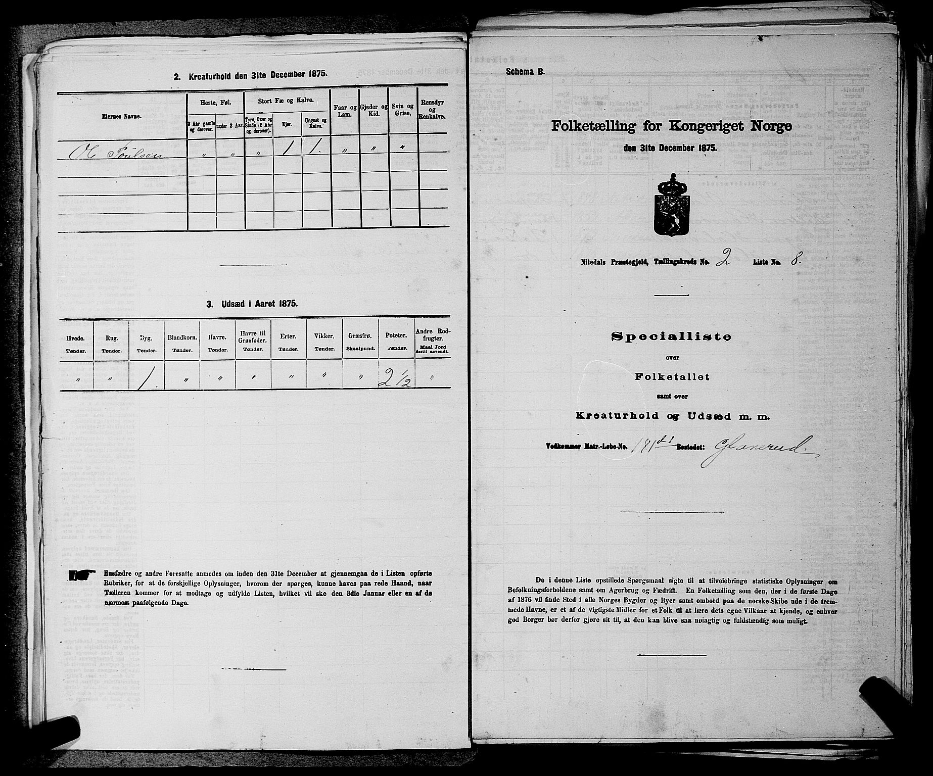 RA, 1875 census for 0233P Nittedal, 1875, p. 208