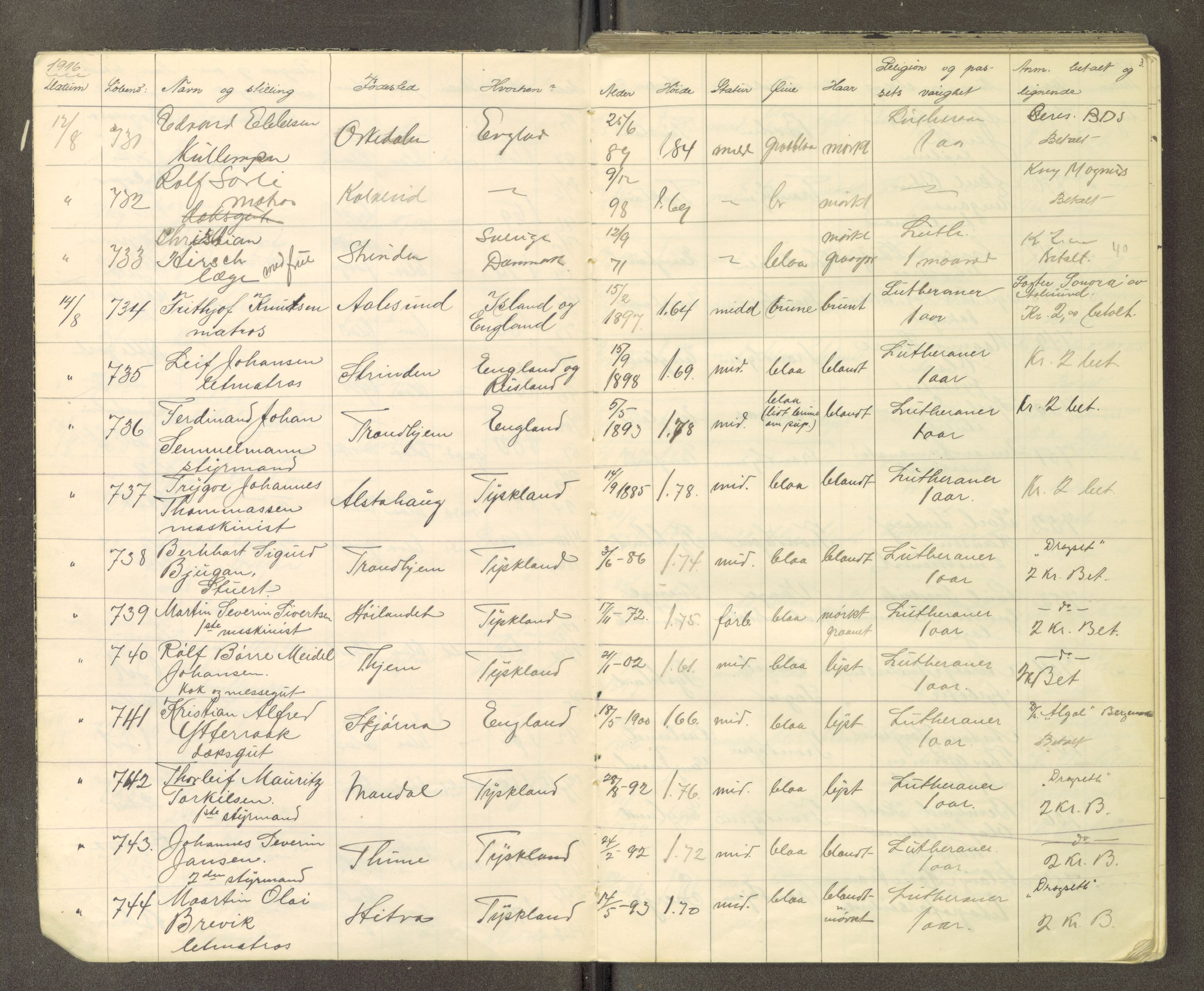Trondheim politikammer, AV/SAT-A-1887/1/30/L0015: Passprotokoll. Utstedte pass, 1916-1918, p. 3