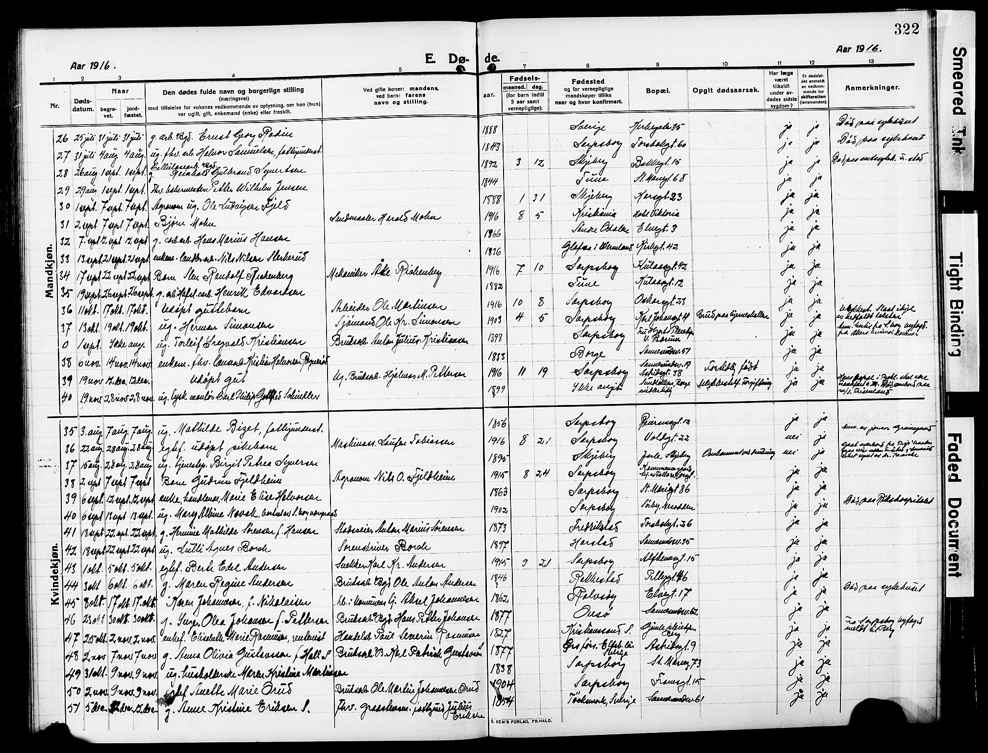 Sarpsborg prestekontor Kirkebøker, AV/SAO-A-2006/G/Ga/L0002: Parish register (copy) no. 2, 1912-1931, p. 322