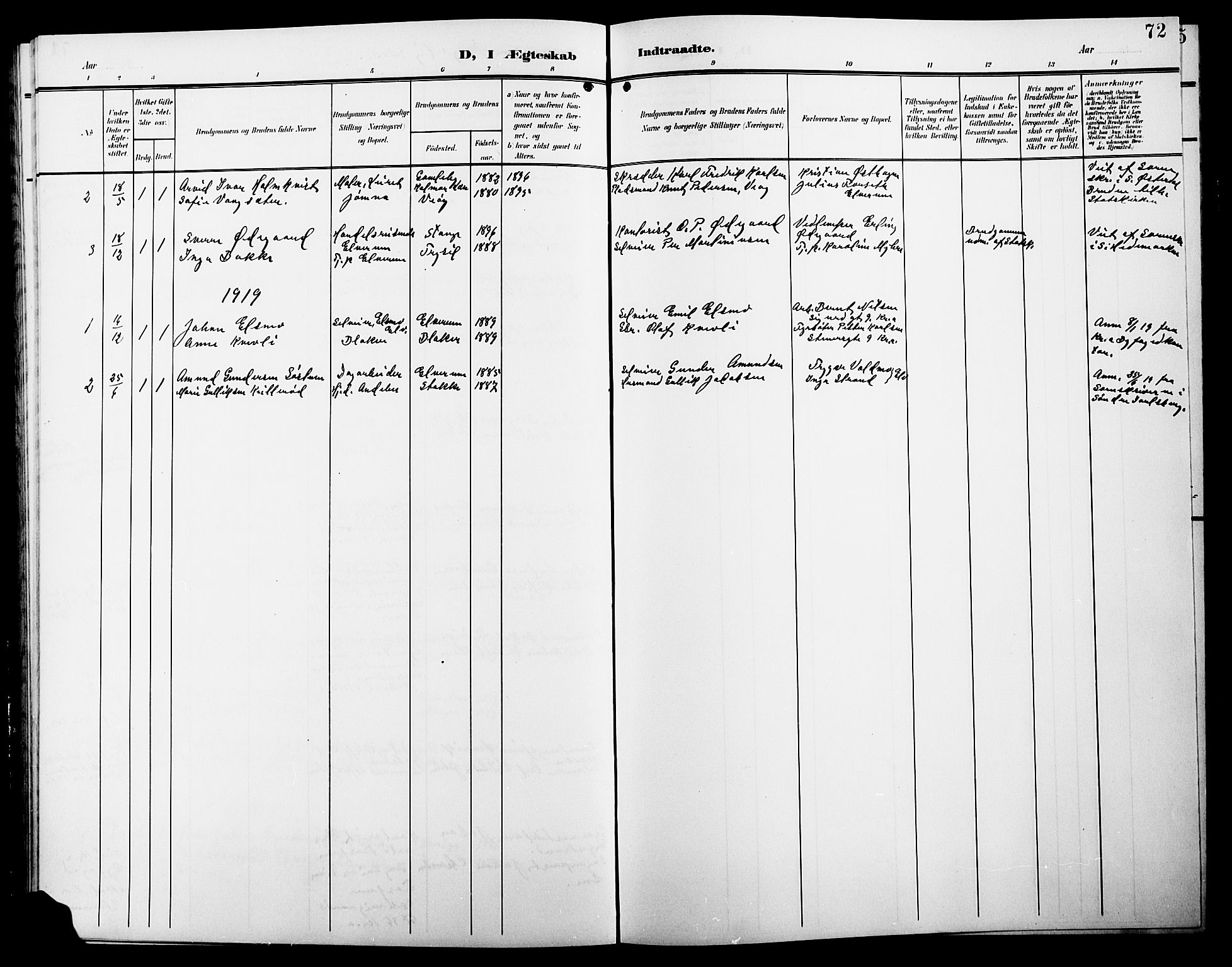 Elverum prestekontor, AV/SAH-PREST-044/H/Ha/Hab/L0009: Parish register (copy) no. 9, 1908-1921, p. 72