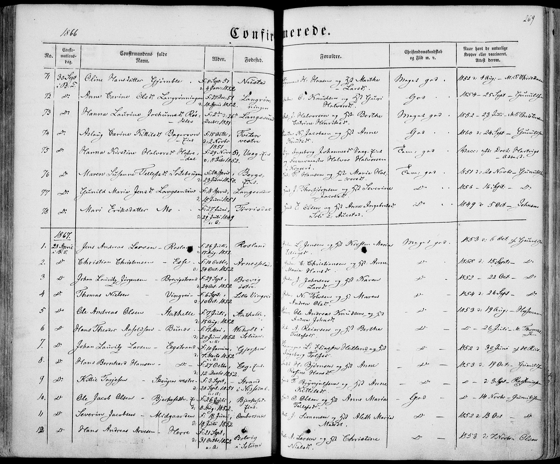 Bamble kirkebøker, SAKO/A-253/F/Fa/L0005: Parish register (official) no. I 5, 1854-1869, p. 269
