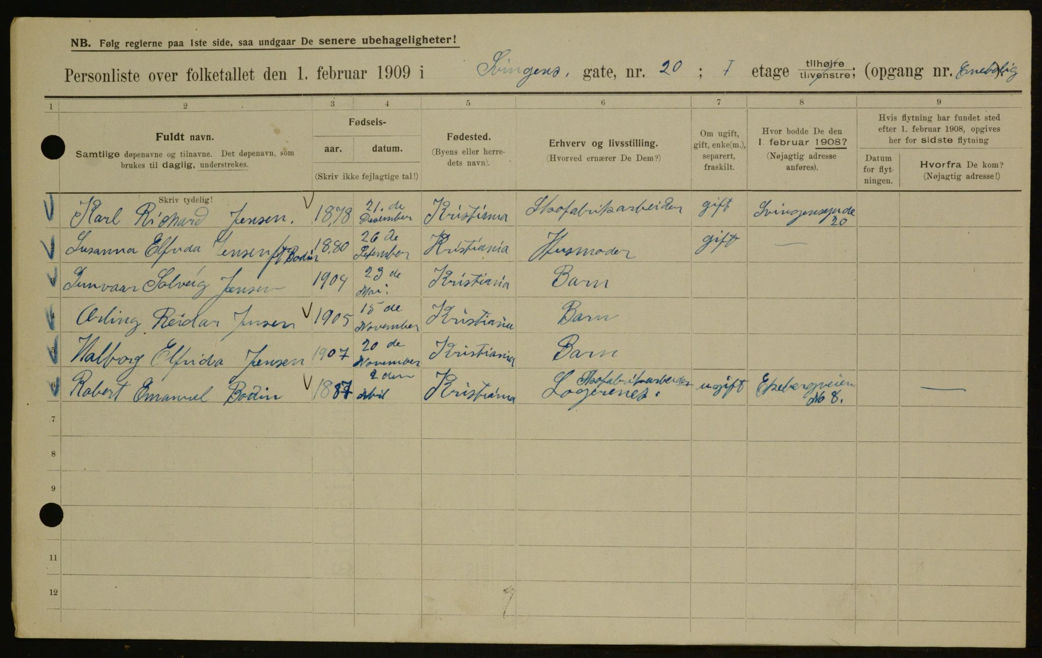 OBA, Municipal Census 1909 for Kristiania, 1909, p. 96056