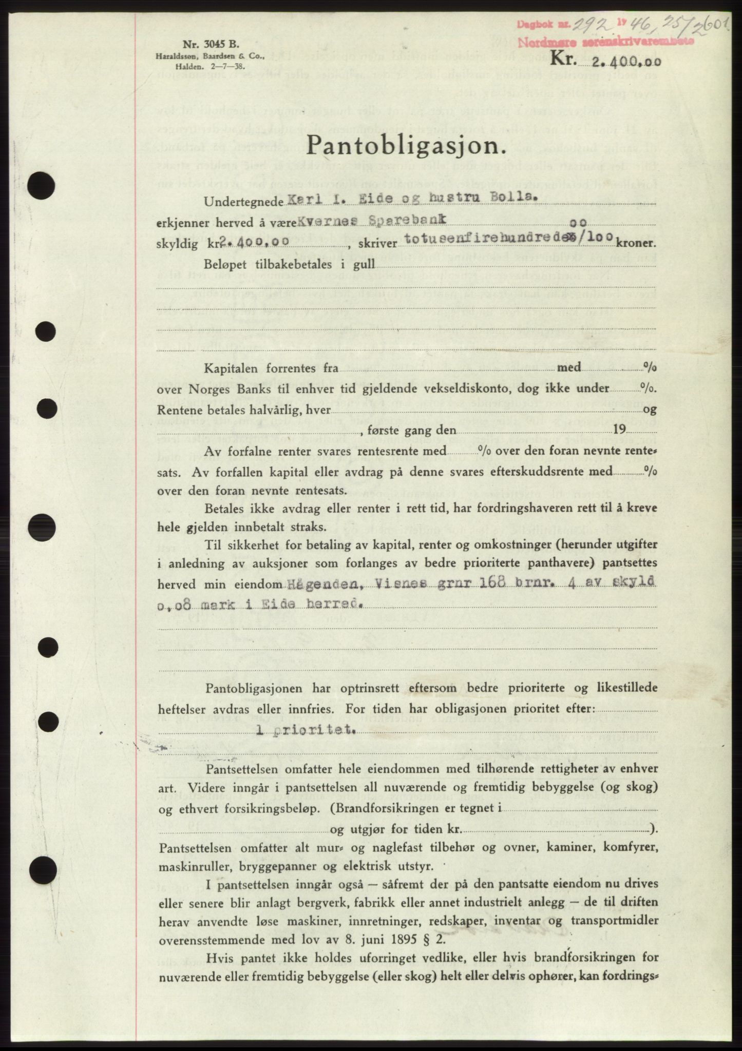 Nordmøre sorenskriveri, AV/SAT-A-4132/1/2/2Ca: Mortgage book no. B93b, 1946-1946, Diary no: : 292/1946