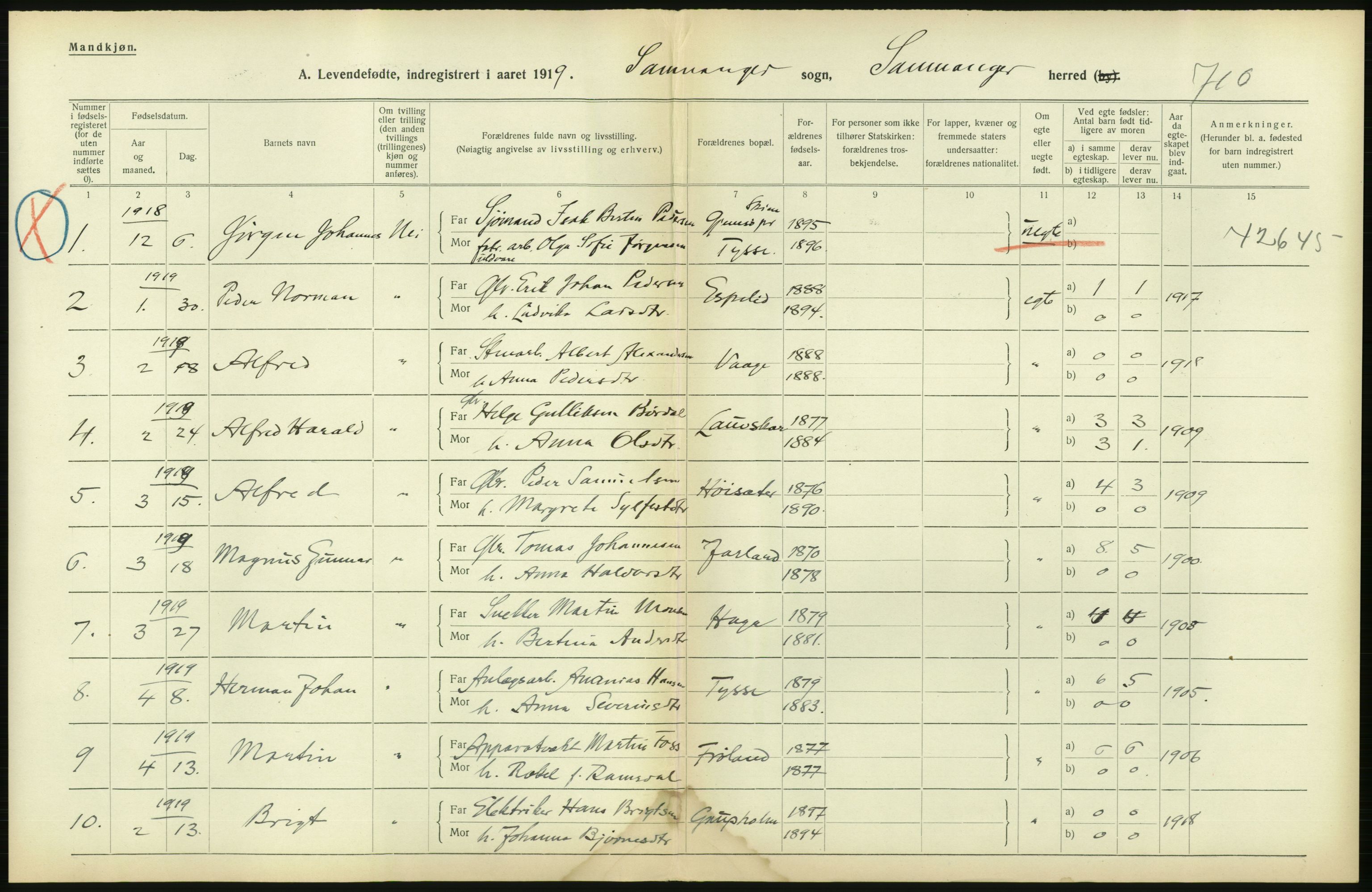 Statistisk sentralbyrå, Sosiodemografiske emner, Befolkning, RA/S-2228/D/Df/Dfb/Dfbi/L0031: Hordaland fylke: Levendefødte menn og kvinner. Bygder., 1919, p. 134