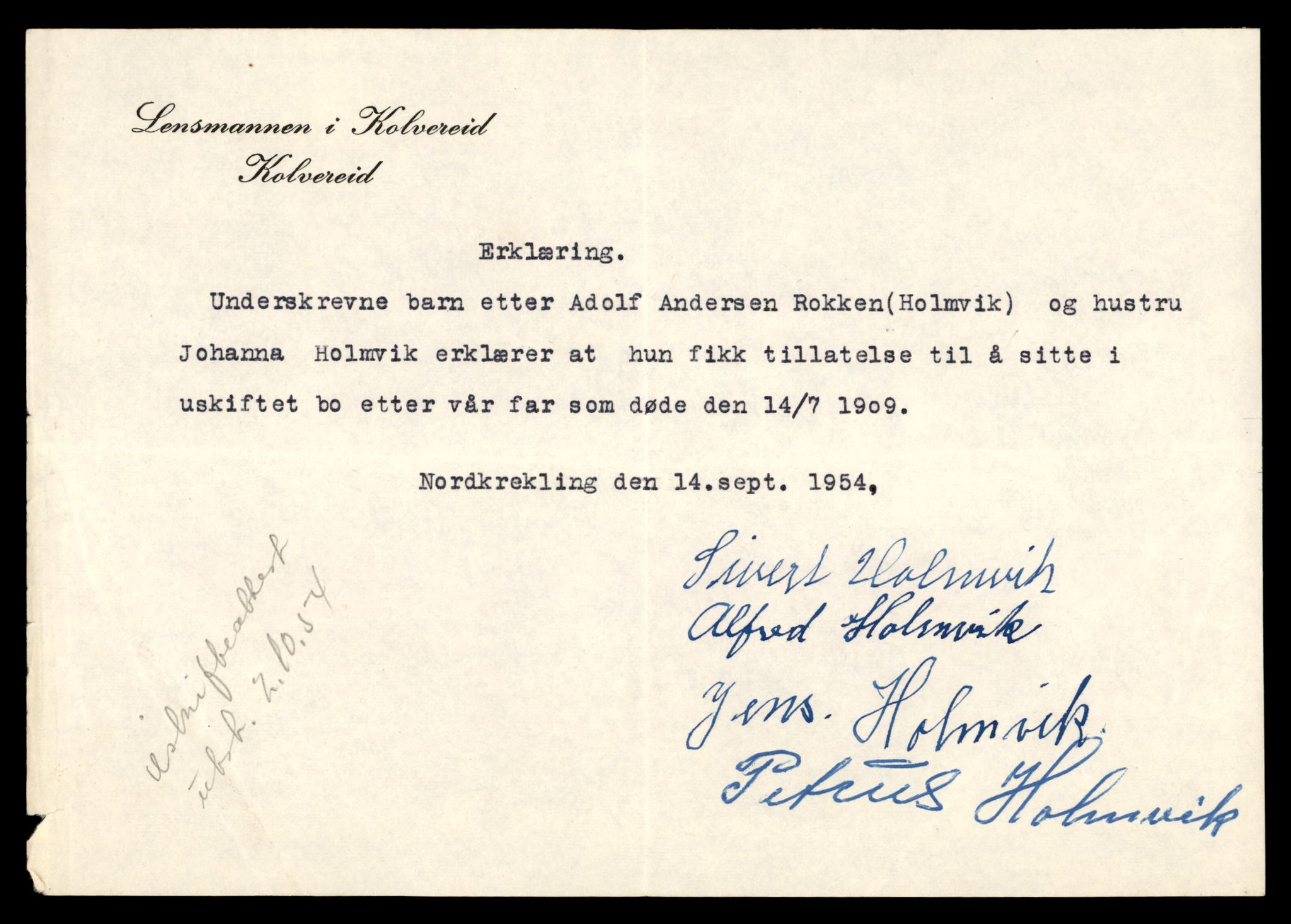 Kolvereid lensmannskontor, SAT/A-1027/2/Ga/L0002: Løse ark fra dødsfallsprotokoll, 1909-1920, p. 3