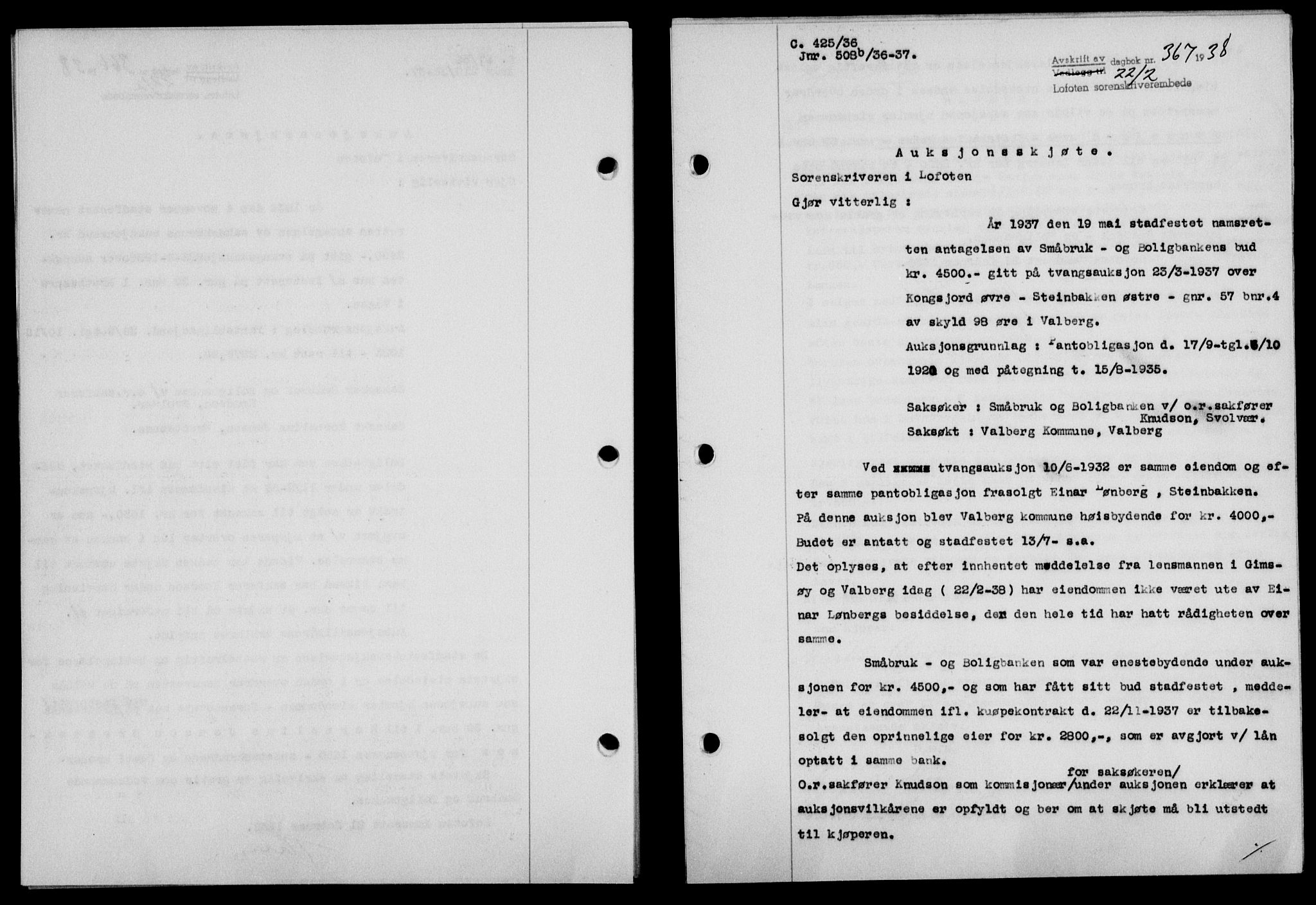 Lofoten sorenskriveri, SAT/A-0017/1/2/2C/L0003a: Mortgage book no. 3a, 1937-1938, Diary no: : 367/1938