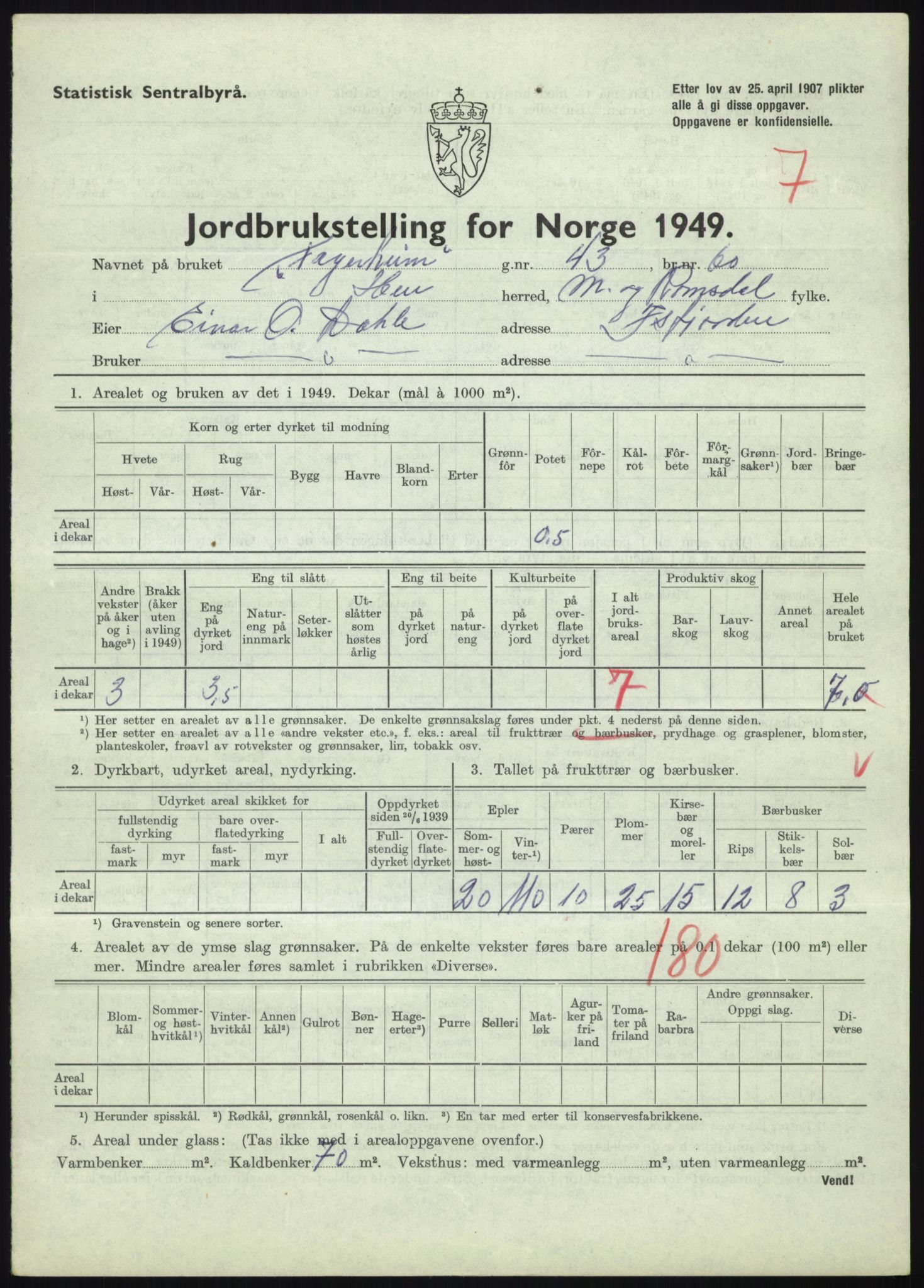 Statistisk sentralbyrå, Næringsøkonomiske emner, Jordbruk, skogbruk, jakt, fiske og fangst, AV/RA-S-2234/G/Gc/L0323: Møre og Romsdal: Grytten og Hen, 1949, p. 519