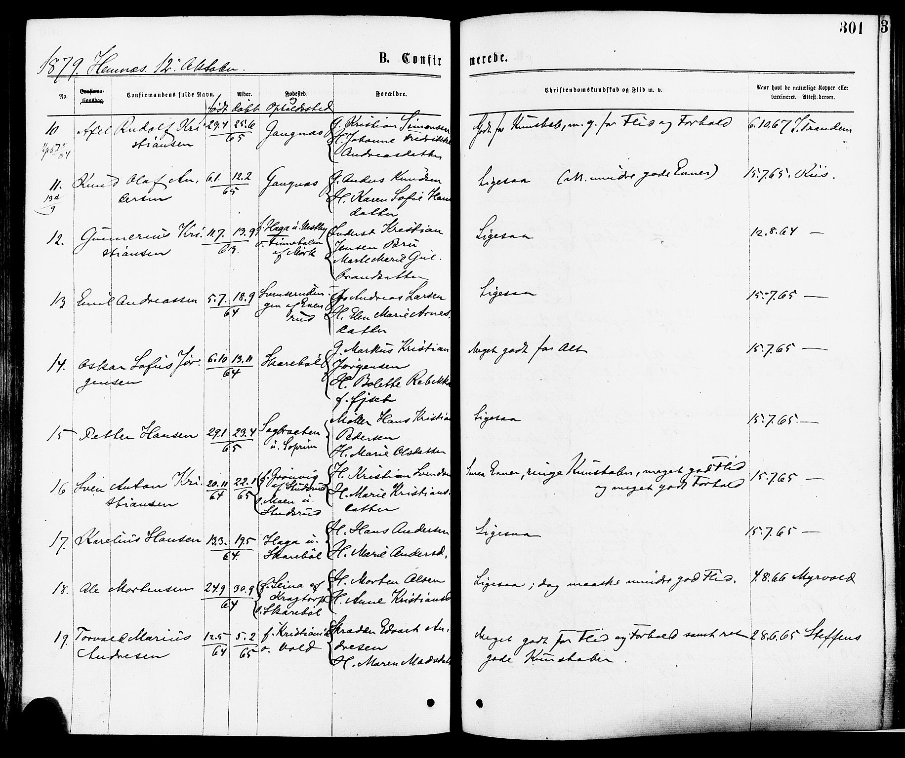 Høland prestekontor Kirkebøker, SAO/A-10346a/F/Fa/L0012.a: Parish register (official) no. I 12A, 1869-1879, p. 301