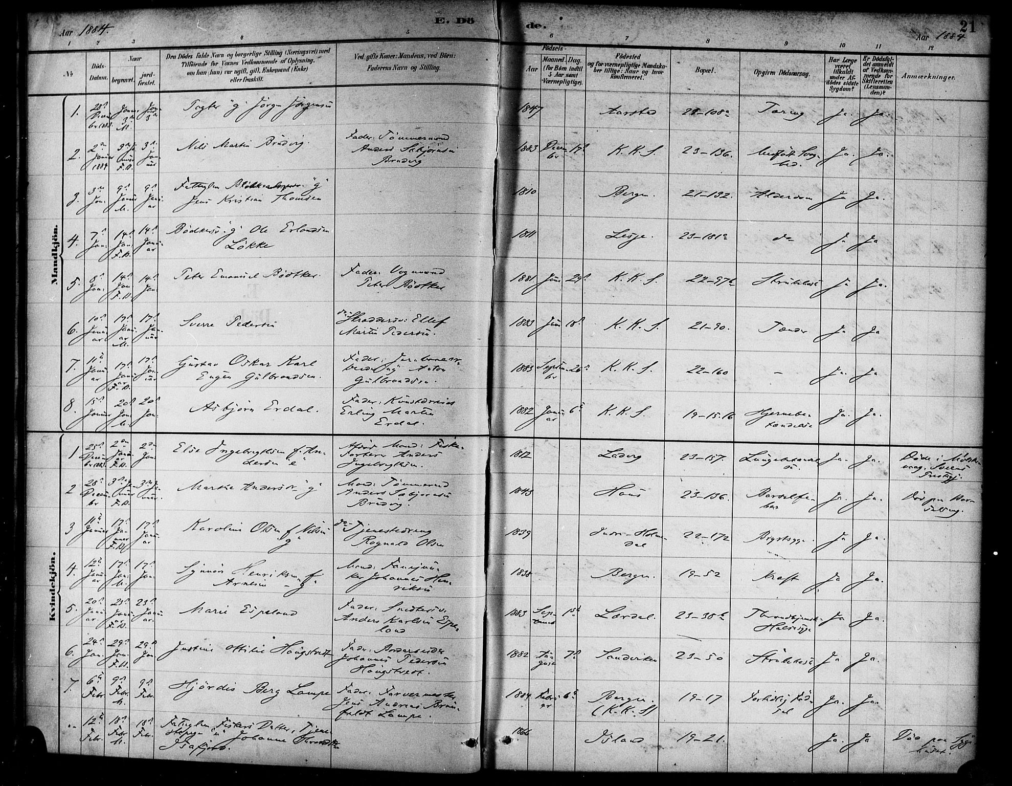 Korskirken sokneprestembete, AV/SAB-A-76101/H/Haa/L0047: Parish register (official) no. E 5, 1884-1910, p. 21