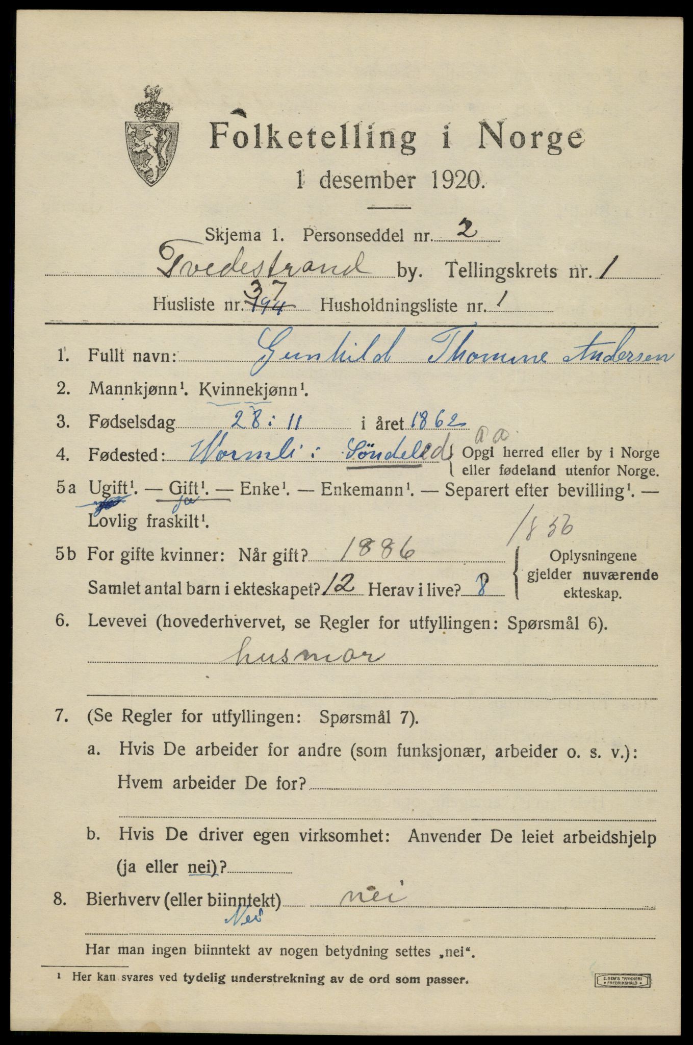 SAK, 1920 census for Tvedestrand, 1920, p. 1695