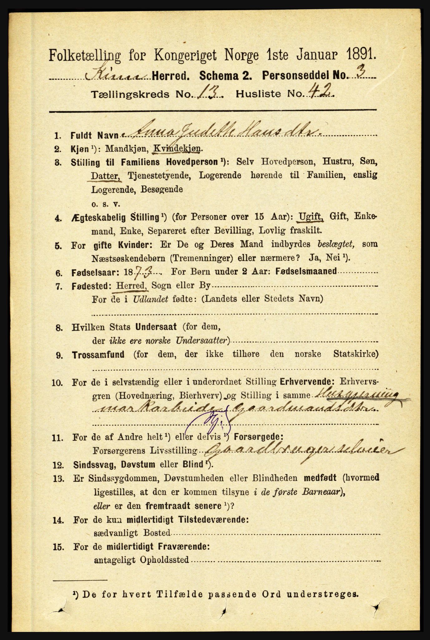 RA, 1891 census for 1437 Kinn, 1891, p. 5342