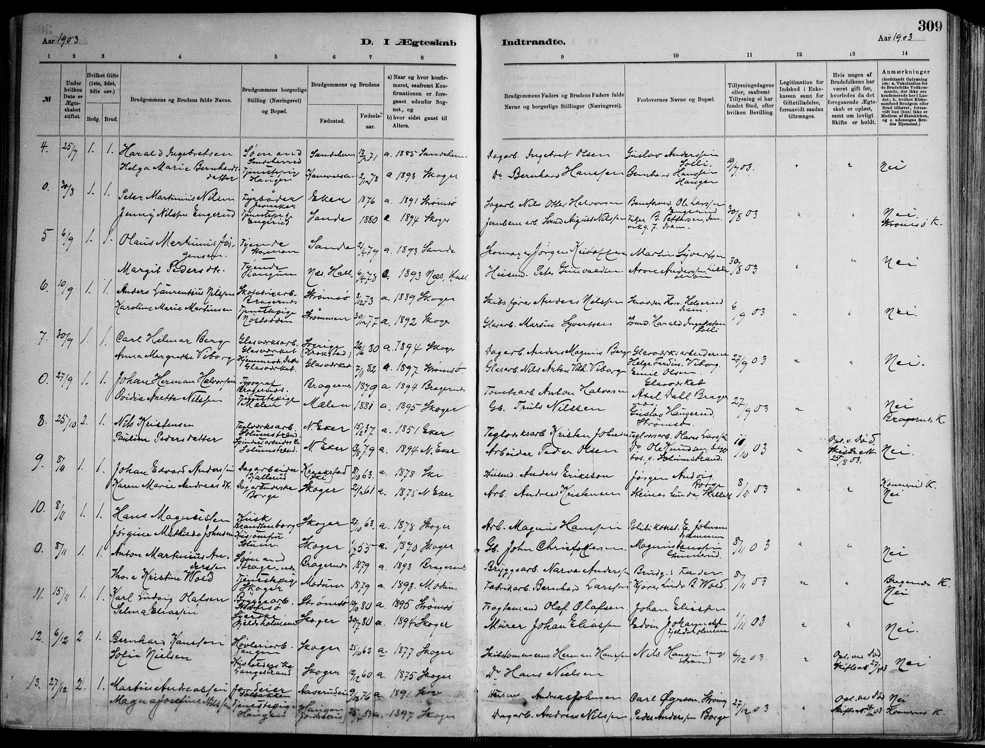 Skoger kirkebøker, AV/SAKO-A-59/F/Fa/L0006: Parish register (official) no. I 6, 1885-1910, p. 309