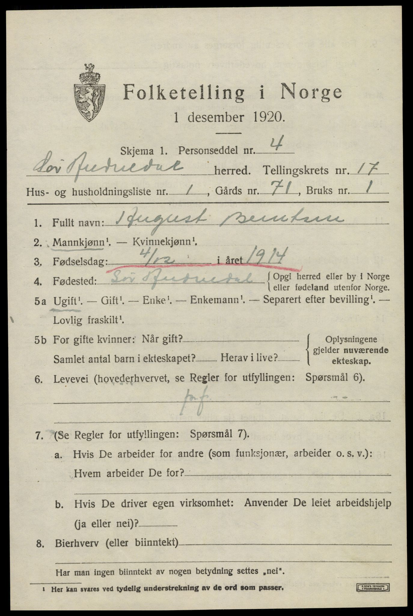 SAK, 1920 census for Sør-Audnedal, 1920, p. 6315