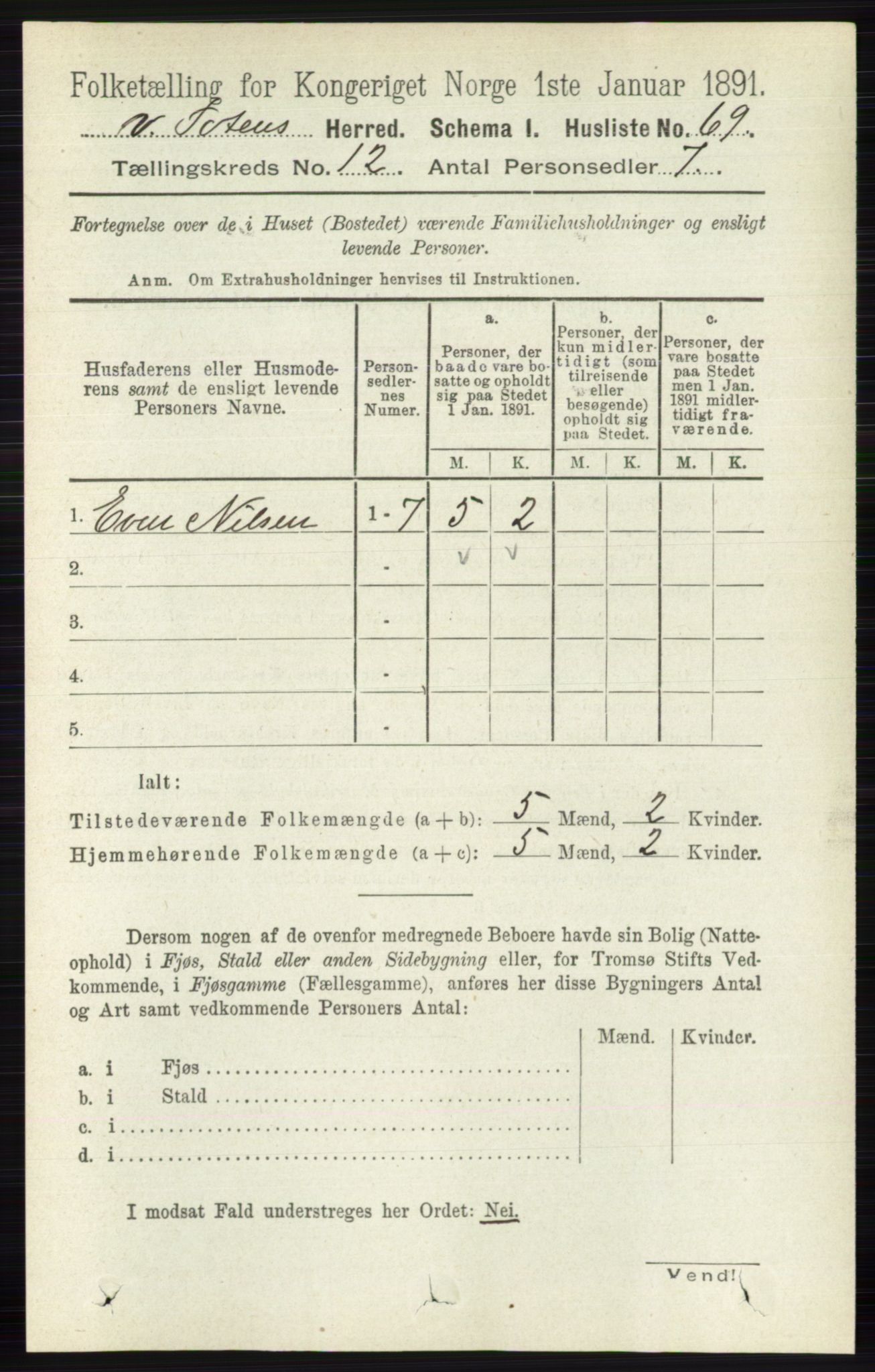 RA, 1891 census for 0529 Vestre Toten, 1891, p. 7269