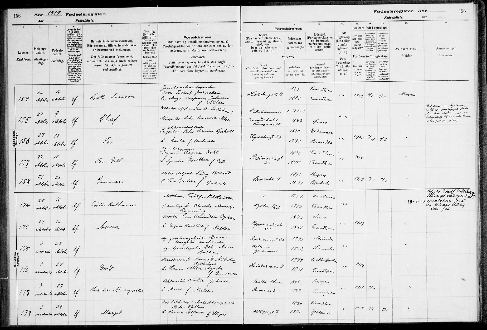 Ministerialprotokoller, klokkerbøker og fødselsregistre - Sør-Trøndelag, SAT/A-1456/600/L0002: Birth register no. 600.II.4.1, 1916-1920, p. 156