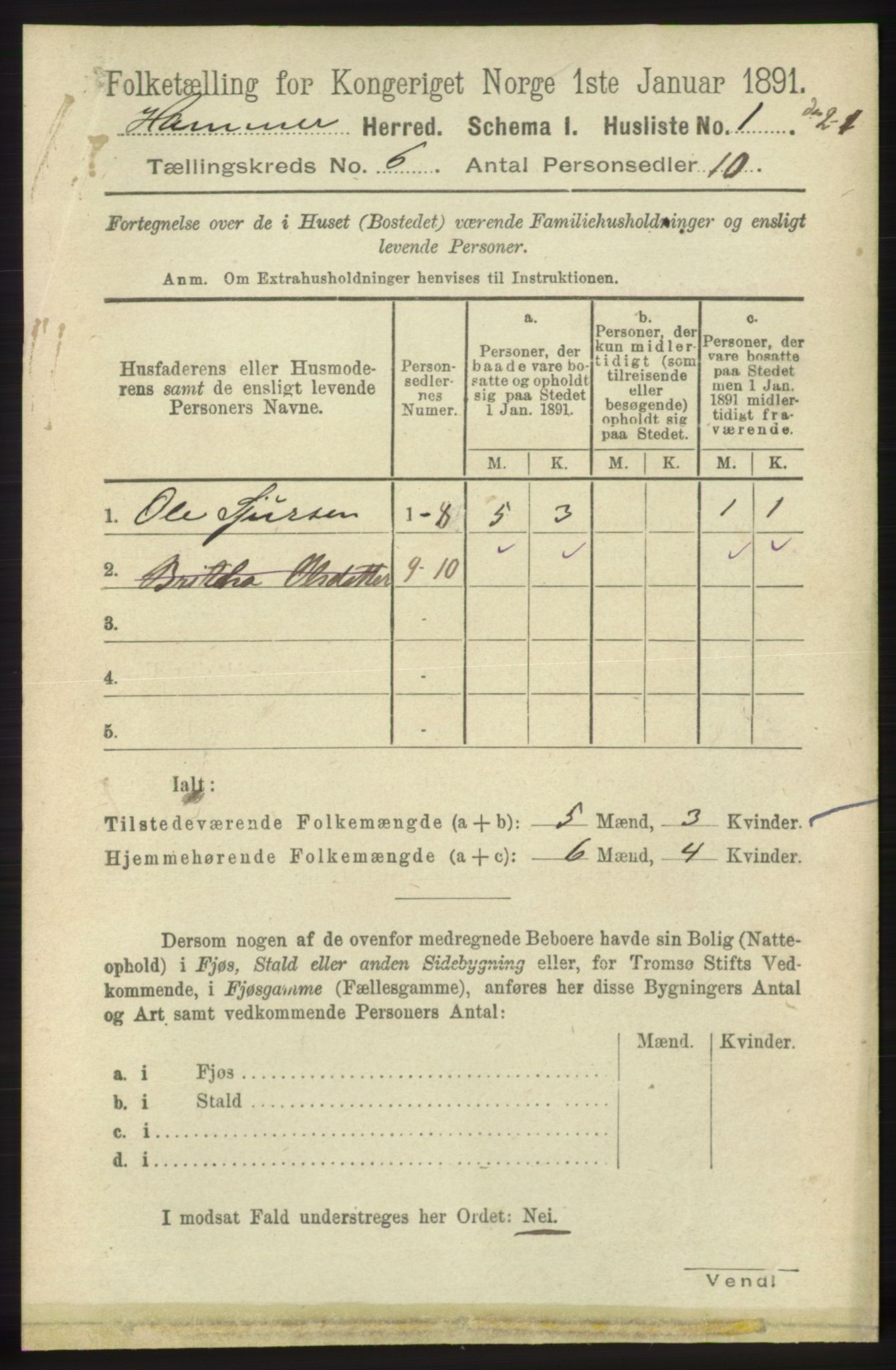 RA, 1891 census for 1254 Hamre, 1891, p. 1520