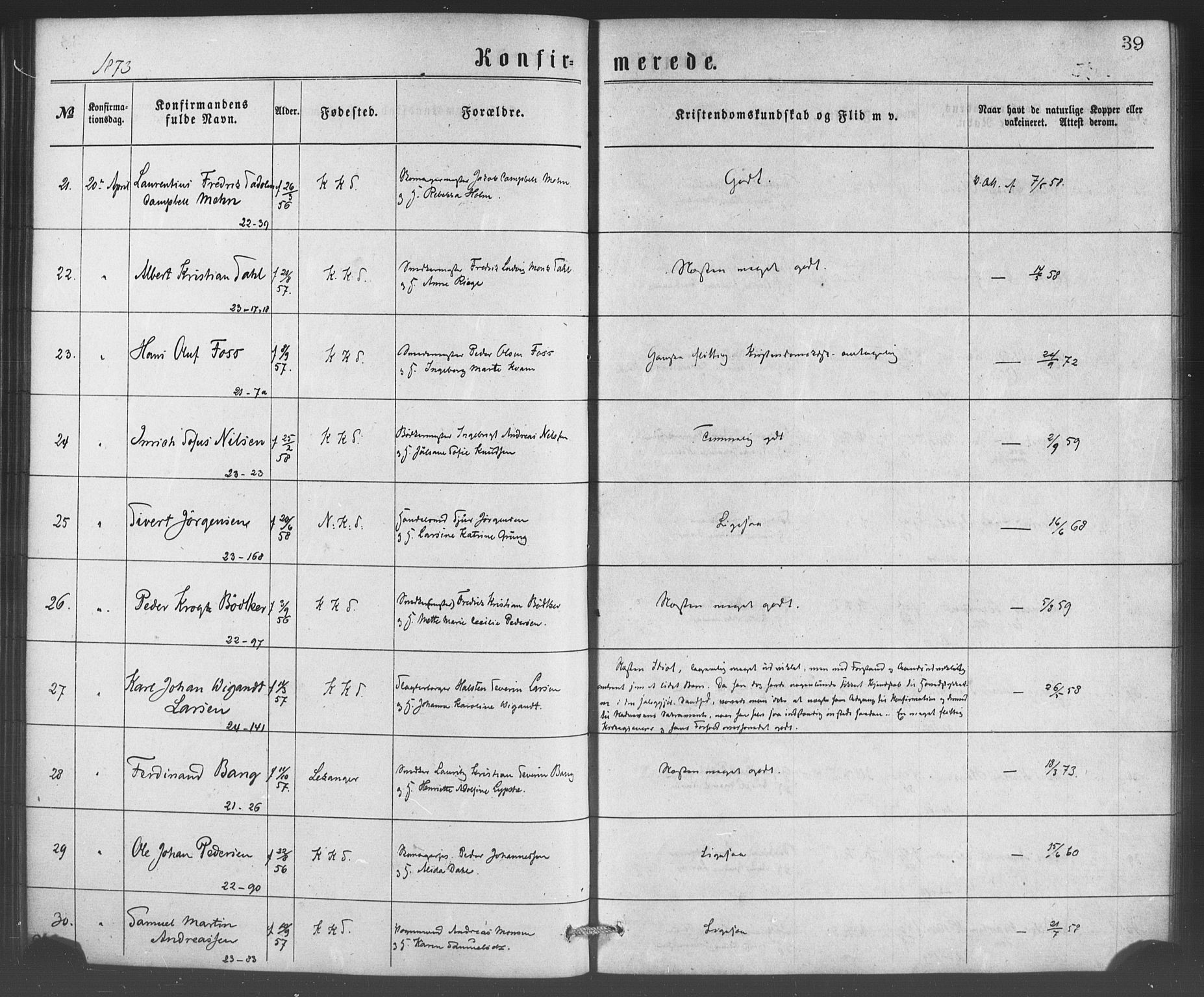 Korskirken sokneprestembete, SAB/A-76101/H/Haa/L0070: Curate's parish register no. A 5, 1869-1885, p. 39