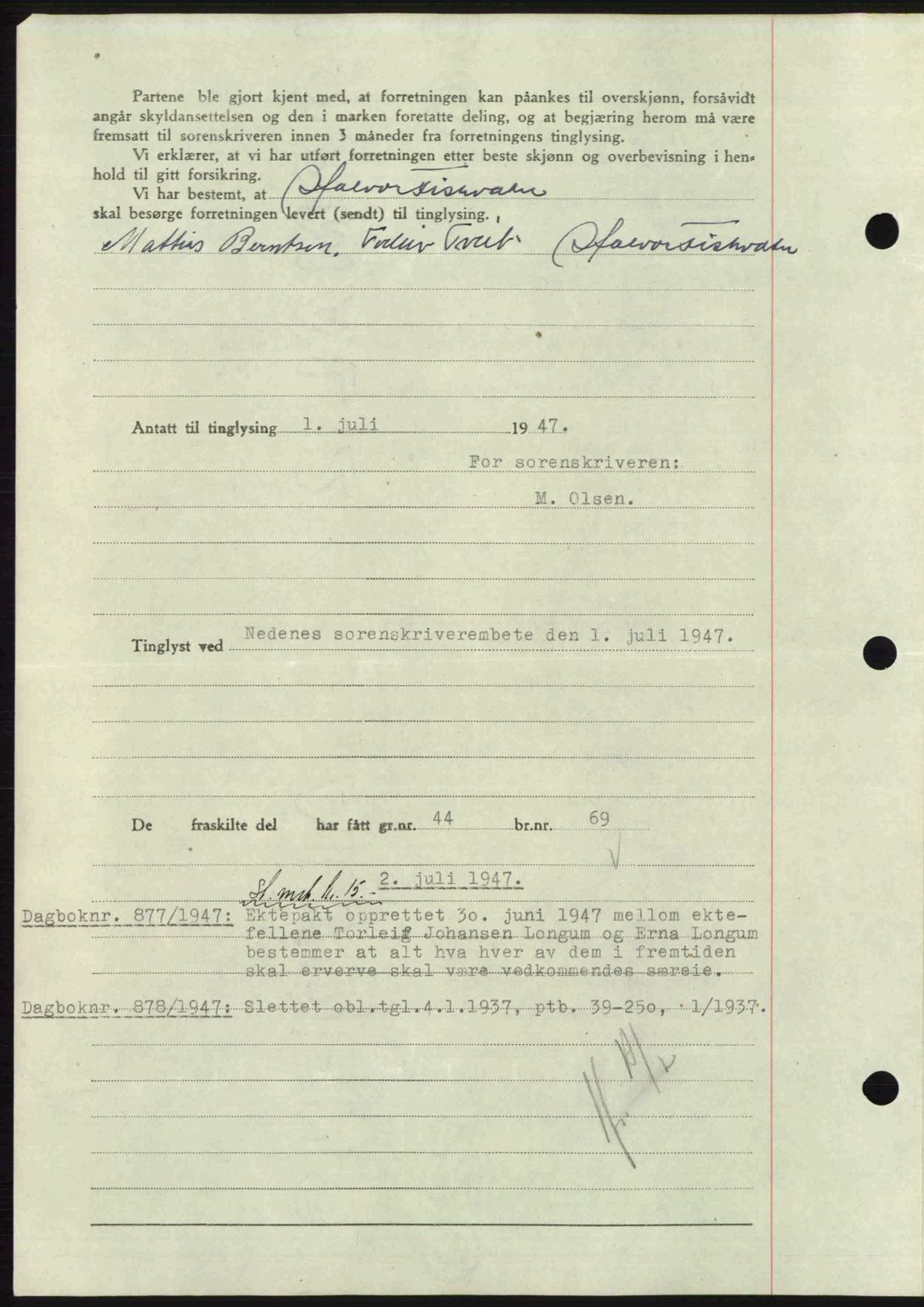 Nedenes sorenskriveri, AV/SAK-1221-0006/G/Gb/Gba/L0057: Mortgage book no. A9, 1947-1947, Diary no: : 876/1947