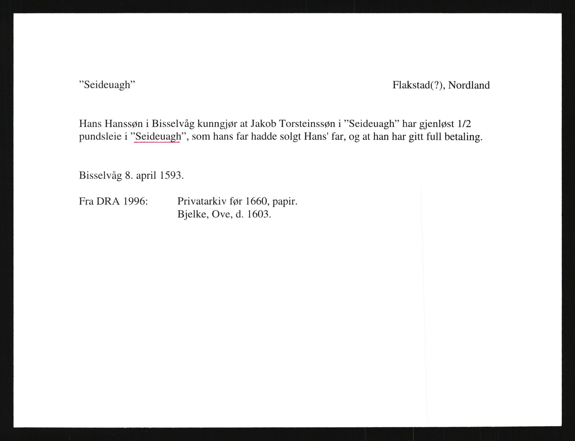 Riksarkivets diplomsamling, AV/RA-EA-5965/F35/F35e/L0034: Registreringssedler Nordland, Troms og ikke stedfestede ("uplasserte") sedler, 1400-1700, p. 303