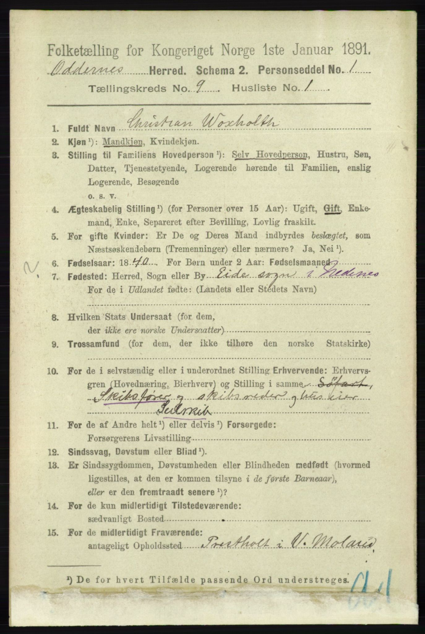 RA, 1891 census for 1012 Oddernes, 1891, p. 3261