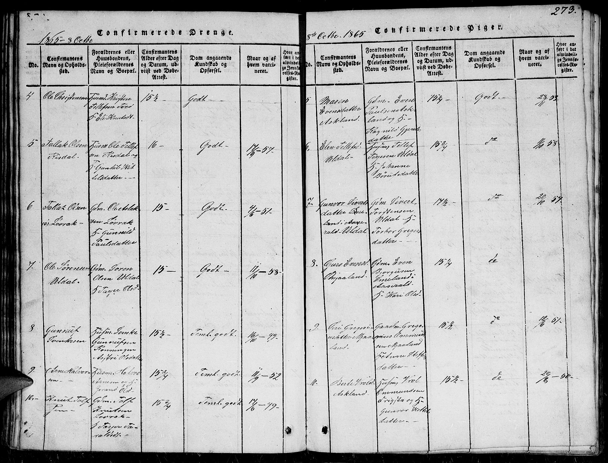 Herefoss sokneprestkontor, SAK/1111-0019/F/Fb/Fbc/L0001: Parish register (copy) no. B 1, 1816-1866, p. 273