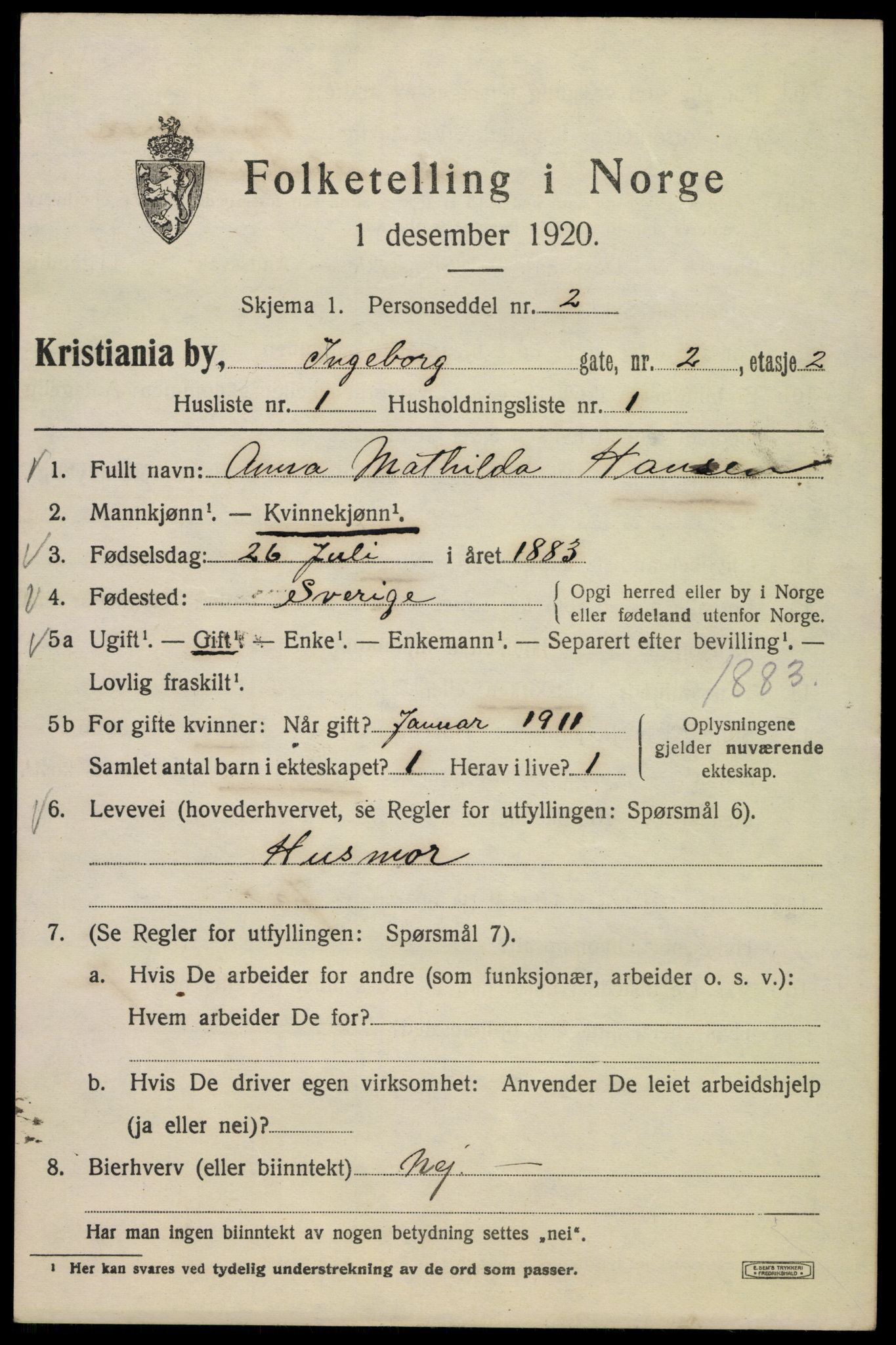 SAO, 1920 census for Kristiania, 1920, p. 309265