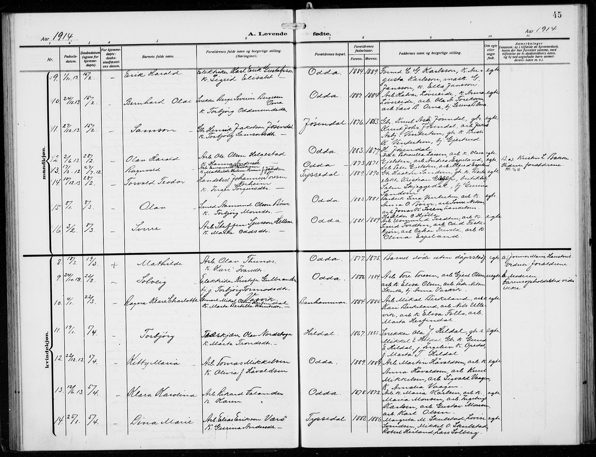 Odda Sokneprestembete, SAB/A-77201/H/Hab: Parish register (copy) no. B  2, 1910-1923, p. 45