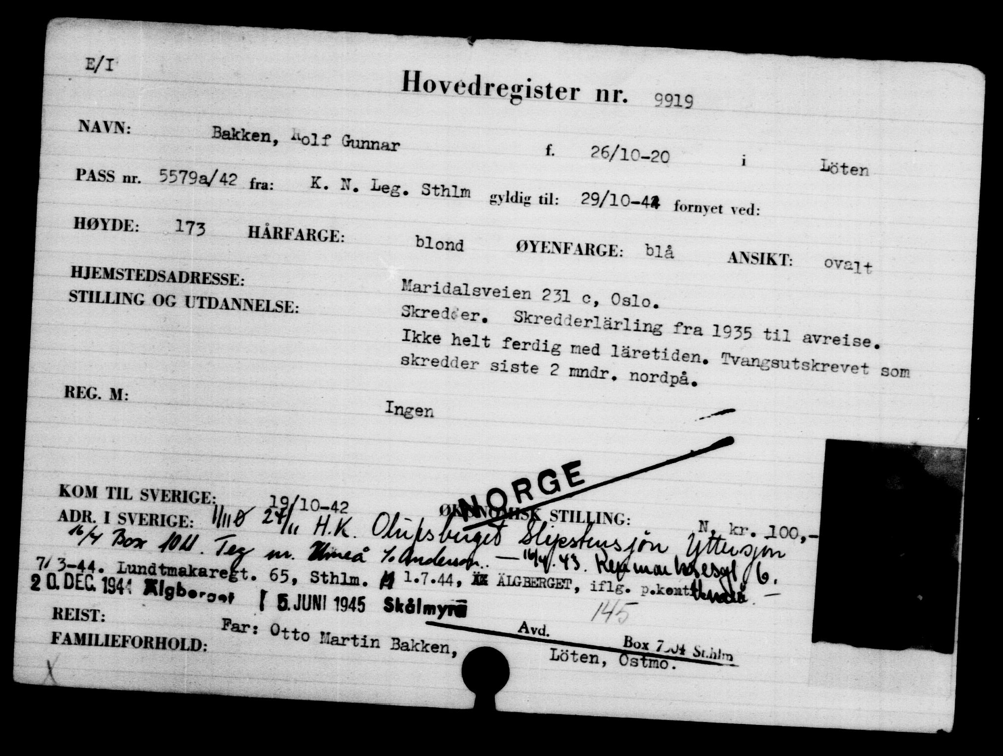 Utenriksstasjonene, Legasjonen i Stockholm, Flyktningkontoret, AV/RA-S-6753/V/Va/L0006: Kjesäterkartoteket, flyktninger med registreringsnr. 9400-12711, 1940-1945, p. 587