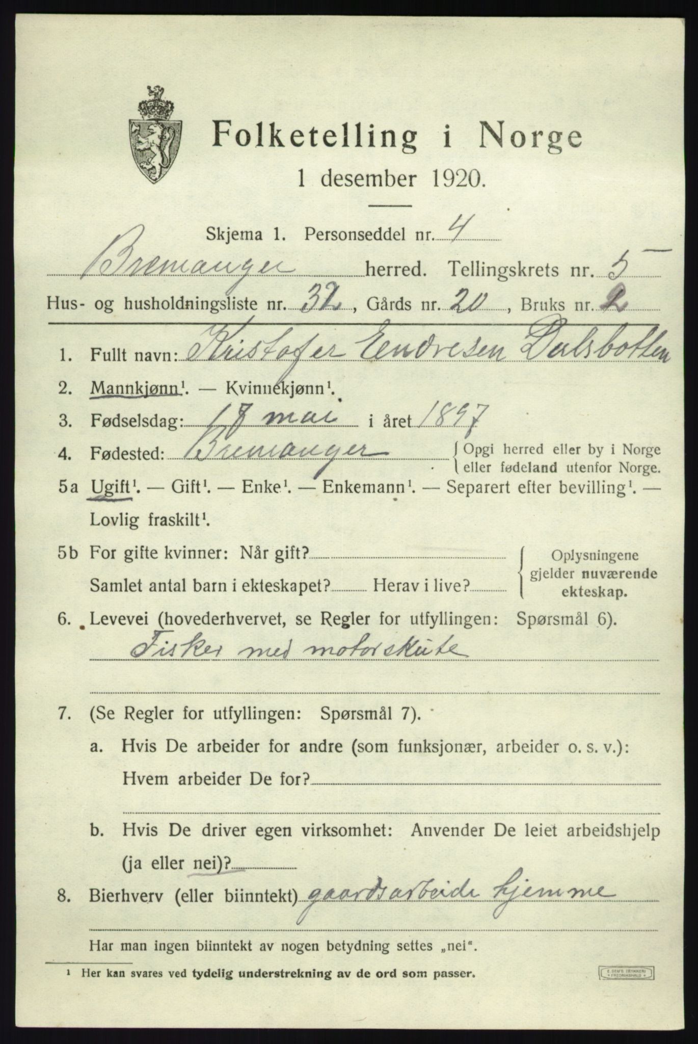 SAB, 1920 census for Bremanger, 1920, p. 3990