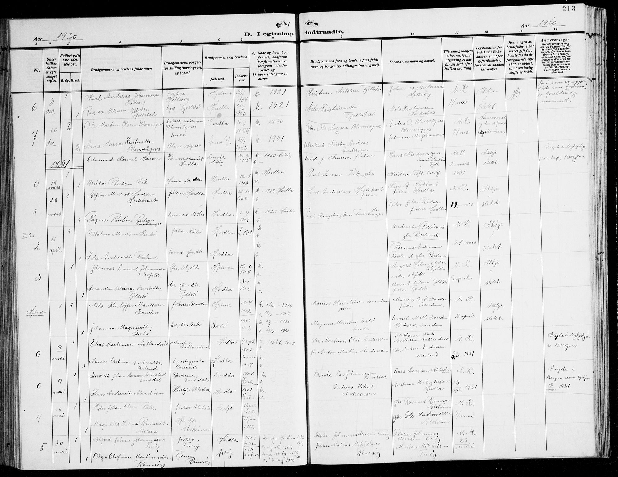 Herdla Sokneprestembete, AV/SAB-A-75701/H/Hab: Parish register (copy) no. C 3, 1926-1940, p. 213