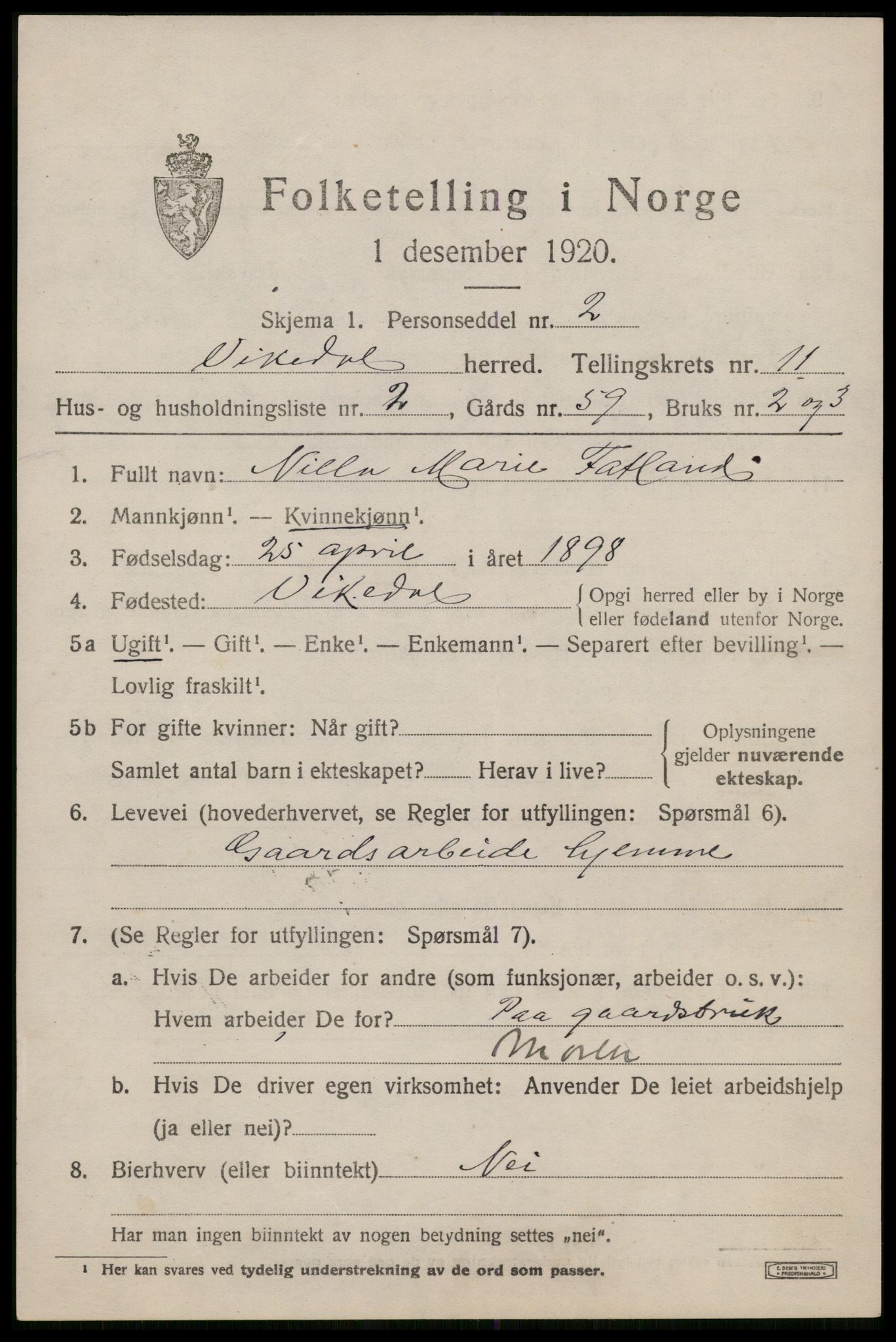 SAST, 1920 census for Vikedal, 1920, p. 3567